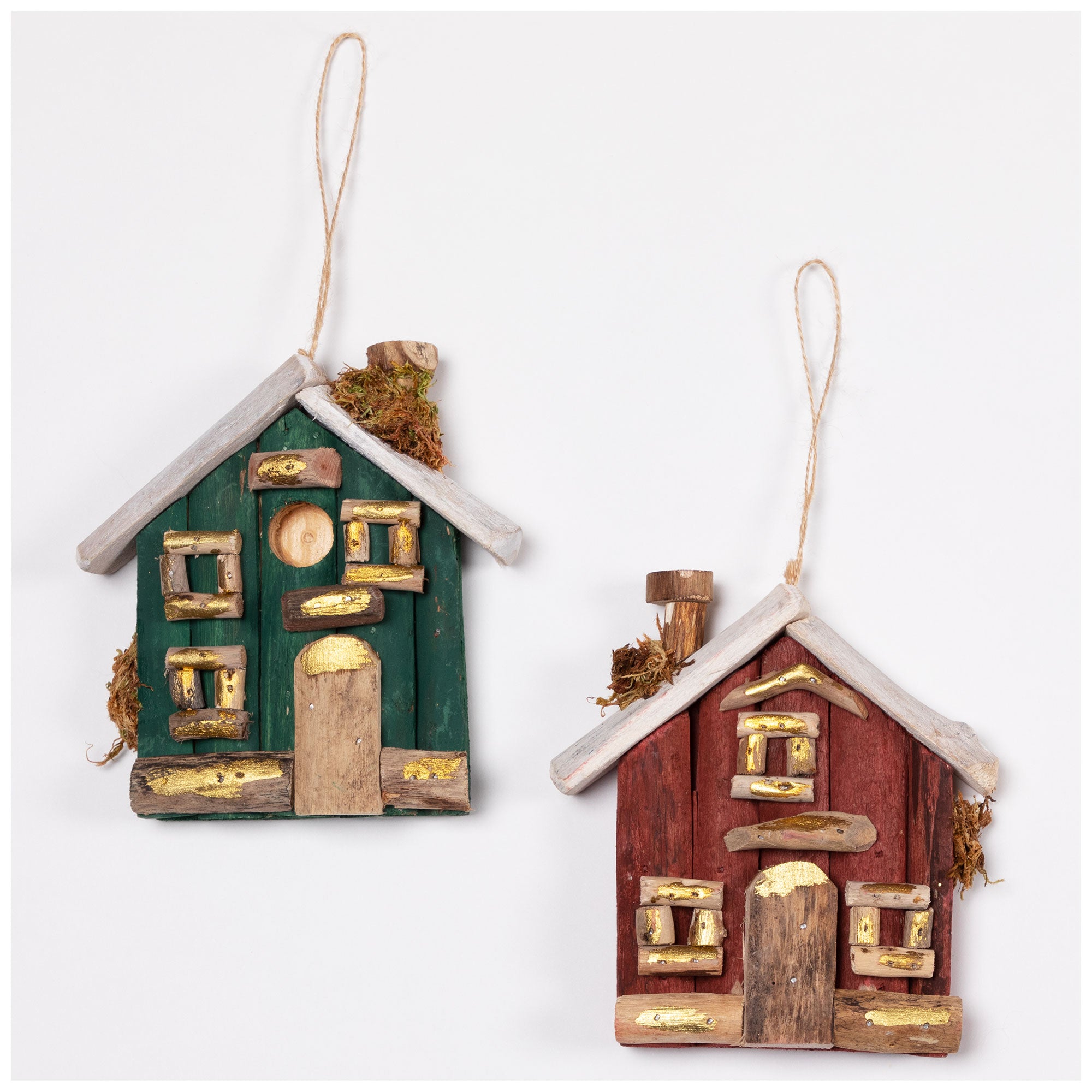 Handmade Recycled Driftwood Christmas House Ornament - Green