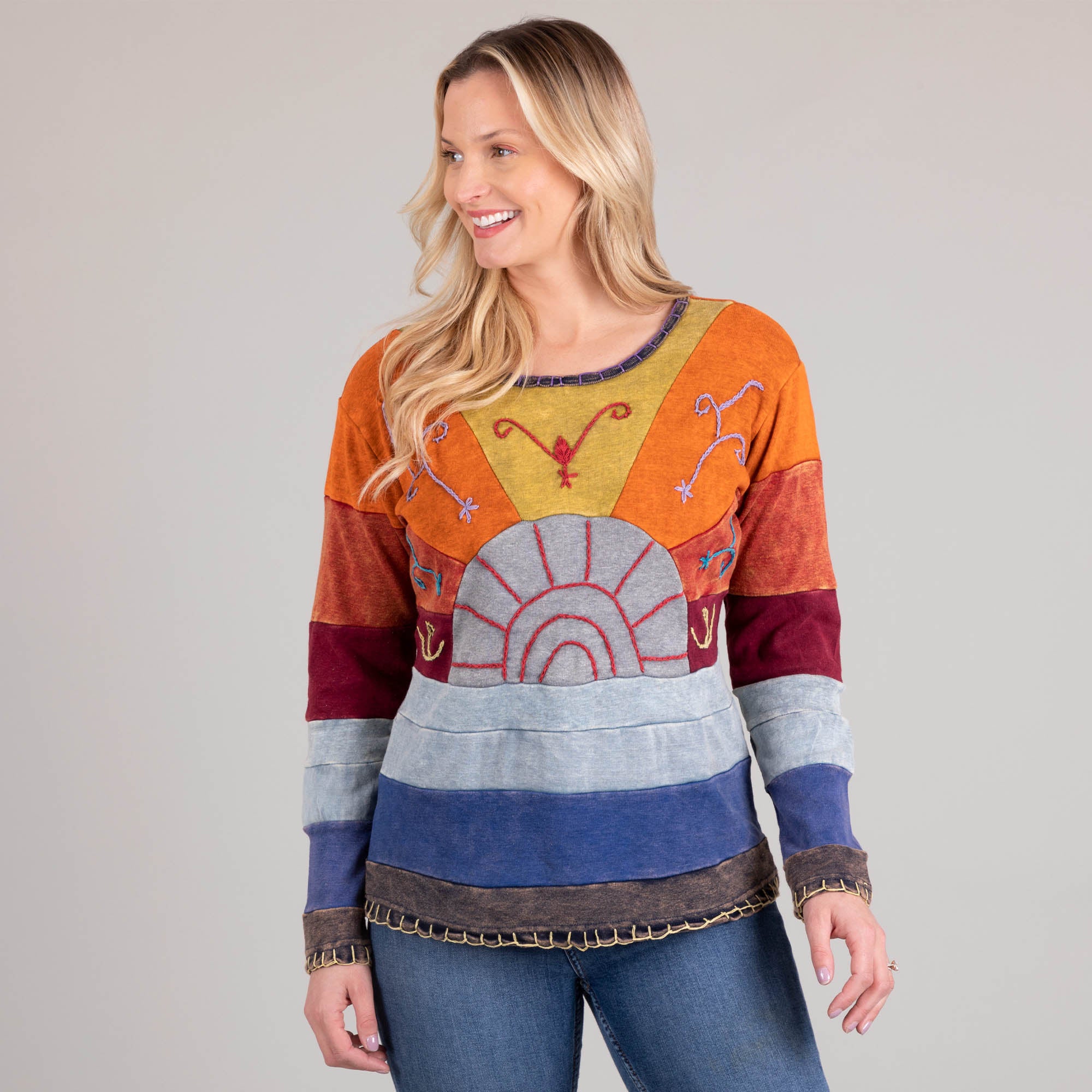 Sunrise Hand Embroidered Long Sleeve Top - M