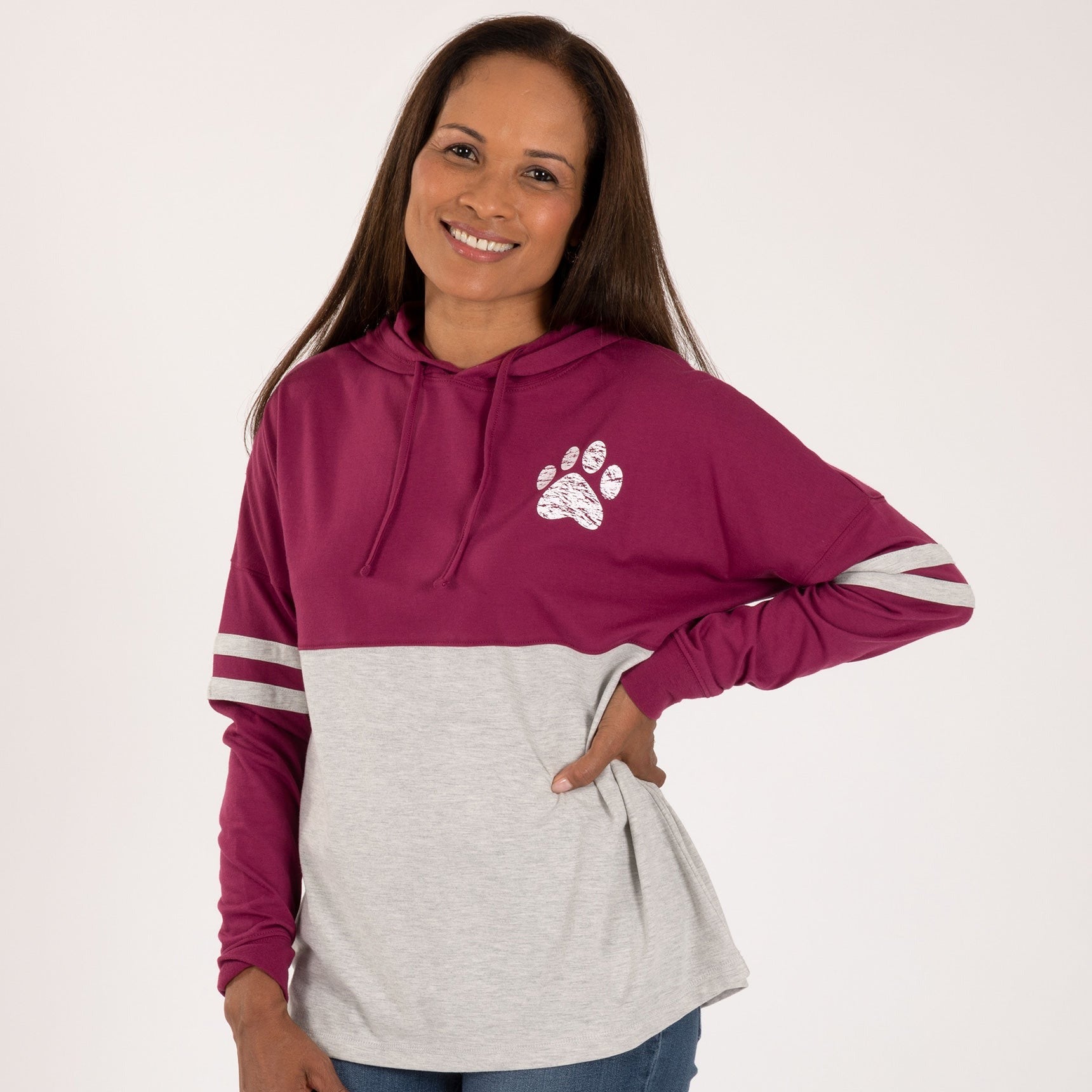 Distressed Paw Long Sleeve Hooded Tee - Berry - 3X