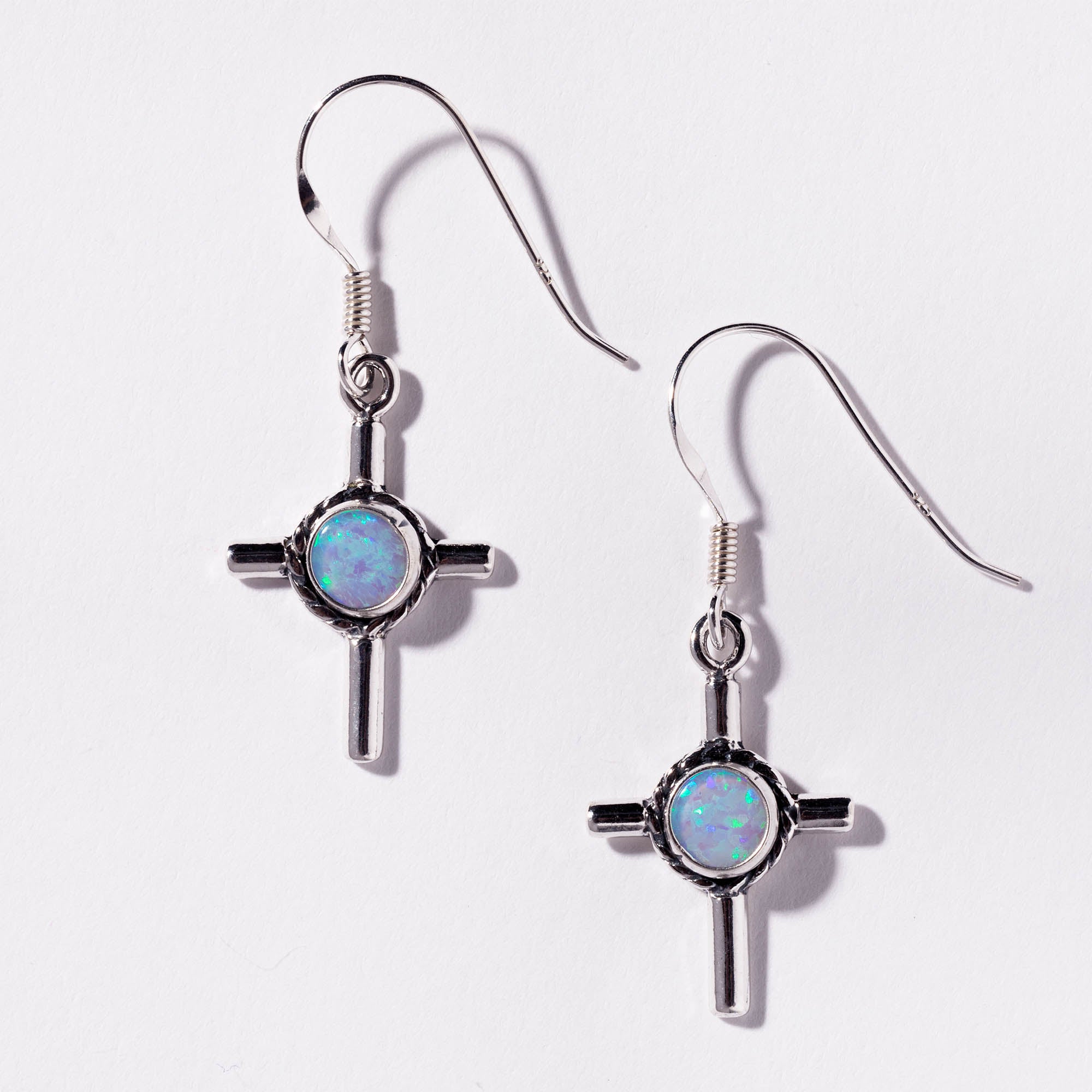 Sterling & Opal Cross Earrings - Simple