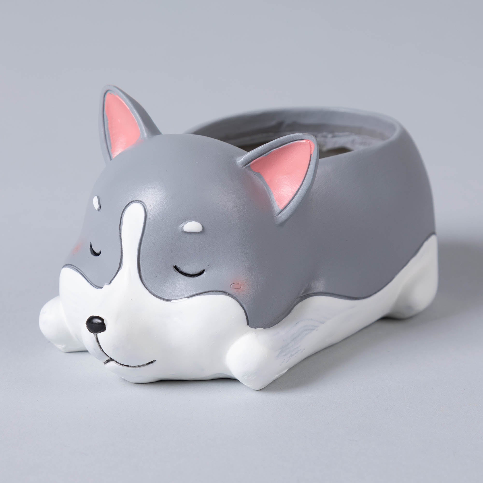 Sleepy Puppy Planter - Gray & White Dog