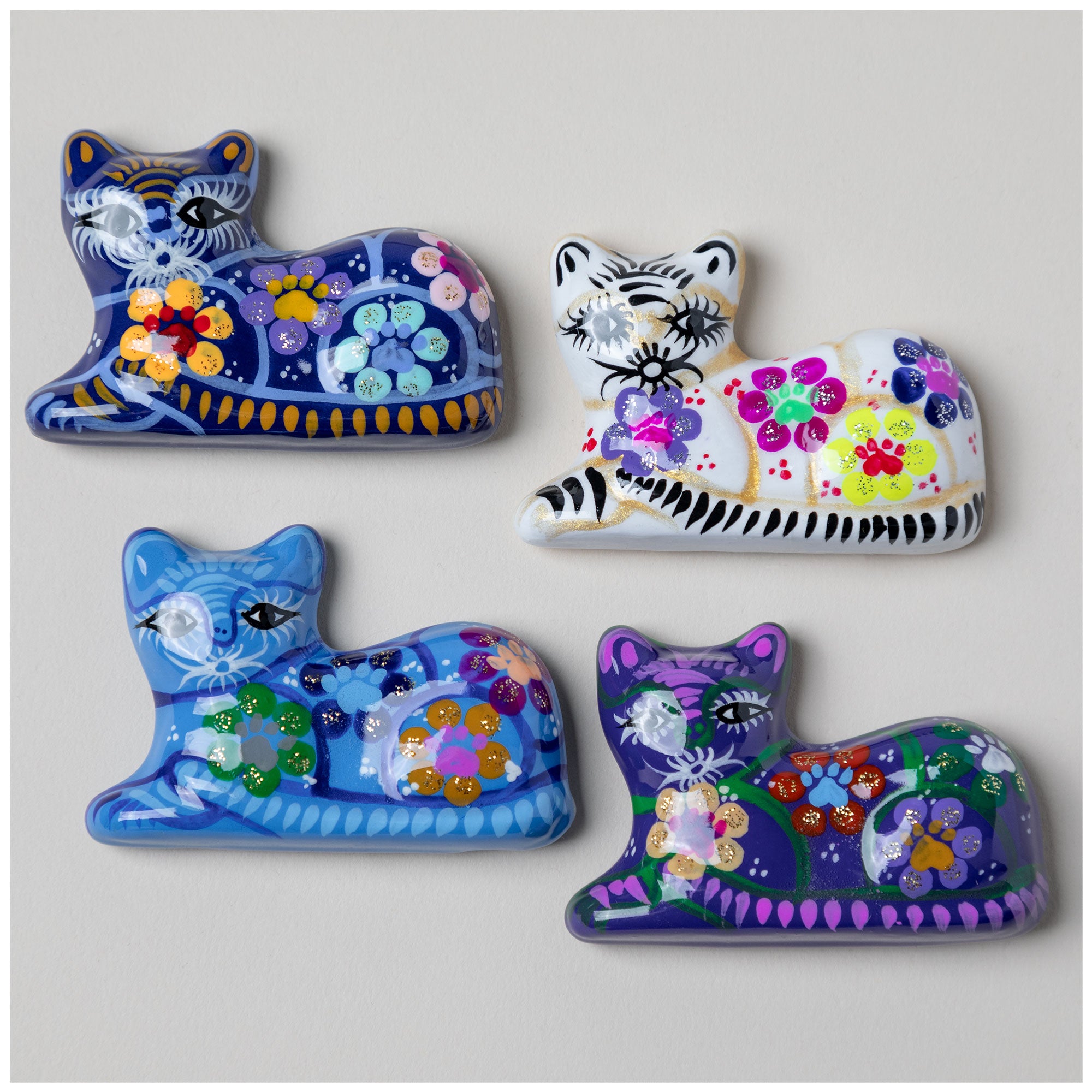 Hand-Painted Ceramic Cat Magnet - Set Of 4