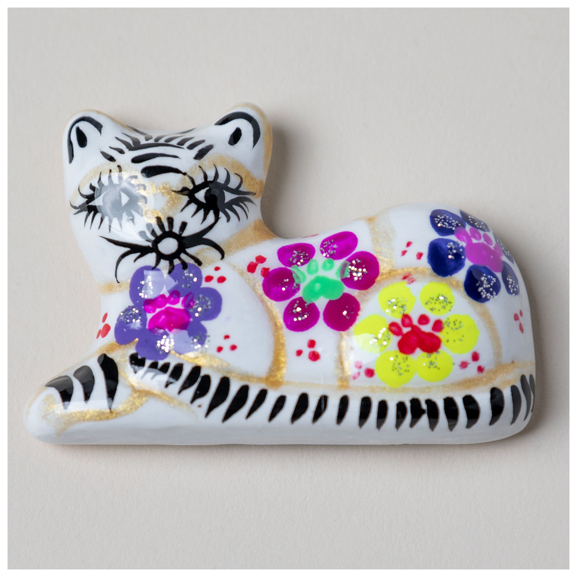 Hand-Painted Ceramic Cat Magnet - White