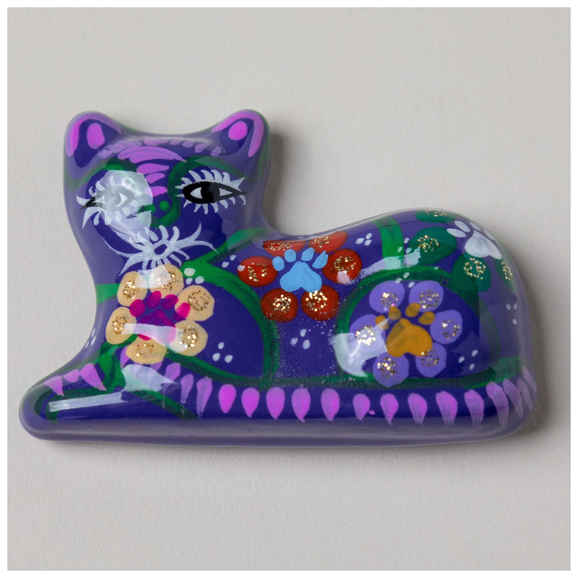 Hand-Painted Ceramic Cat Magnet - Purple