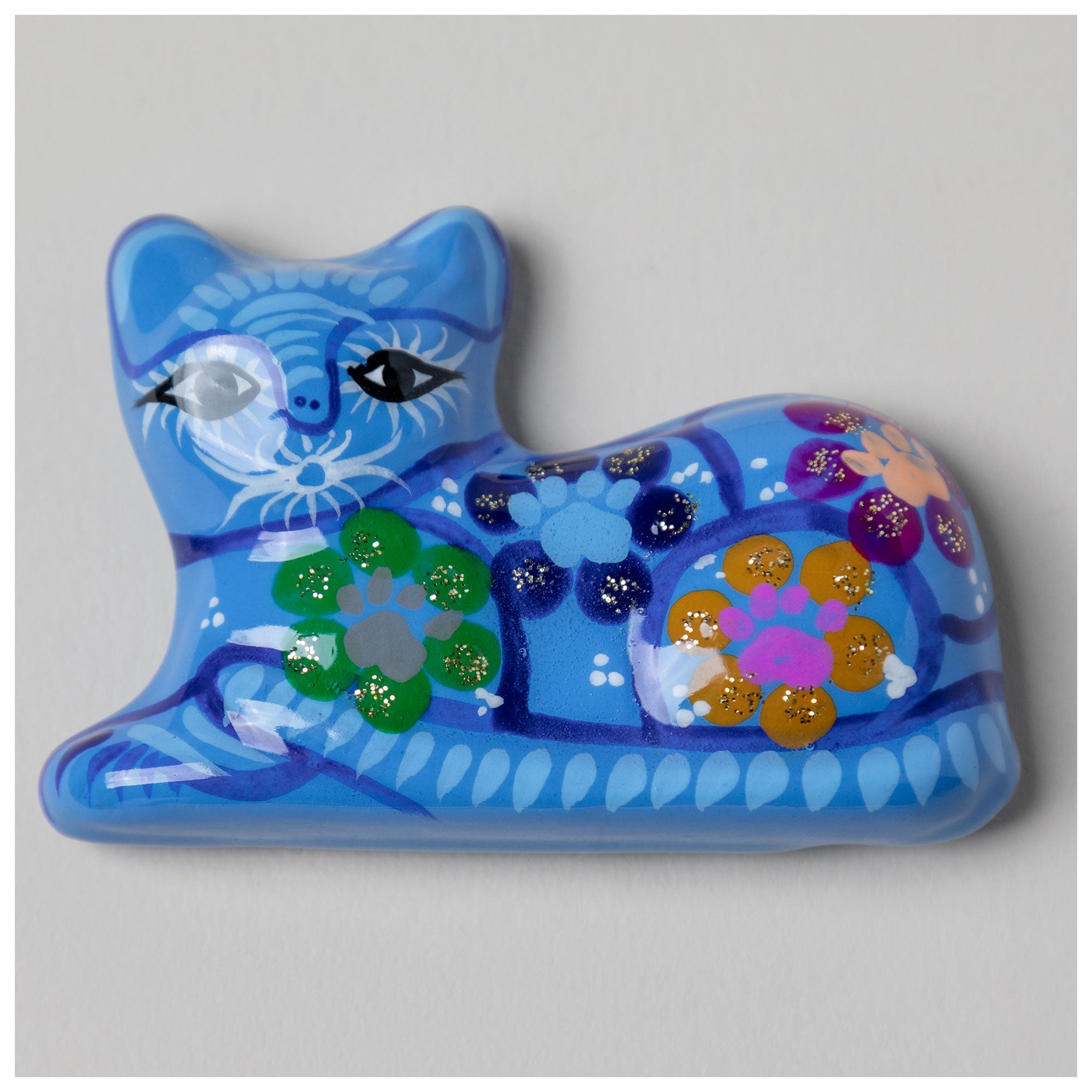 Hand-Painted Ceramic Cat Magnet - Blue