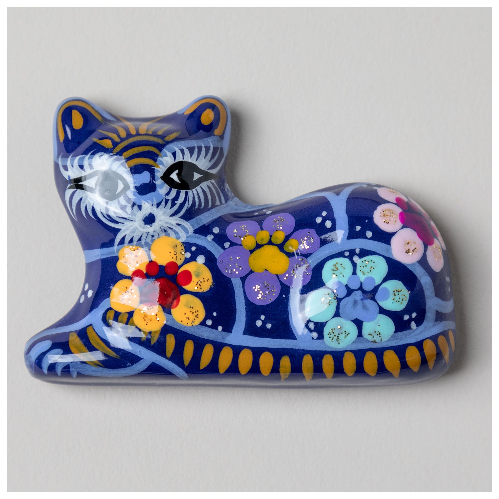 Hand-Painted Ceramic Cat Magnet - Dark Blue