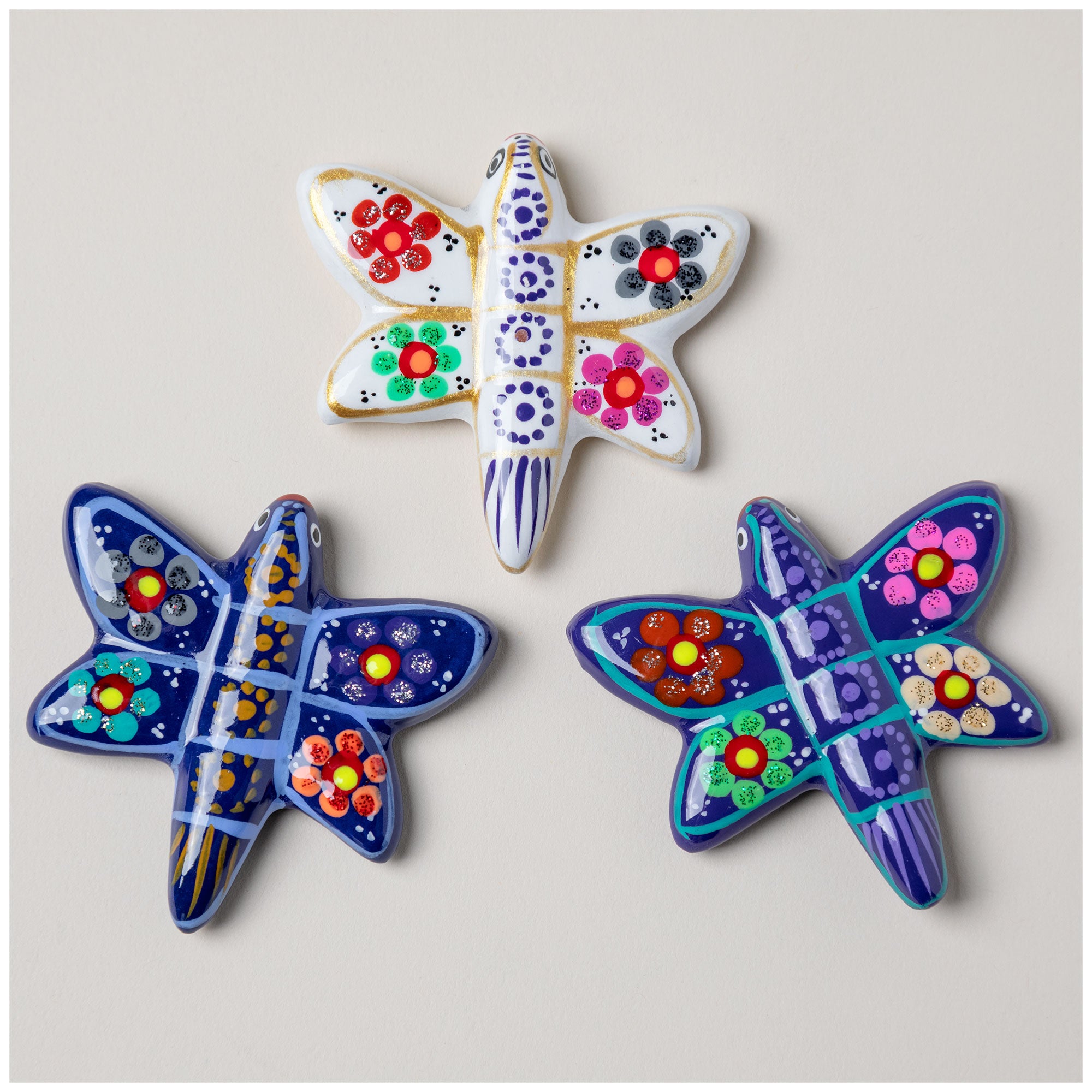 Hand-Painted Ceramic Dragonfly Magnet - Set Of 3