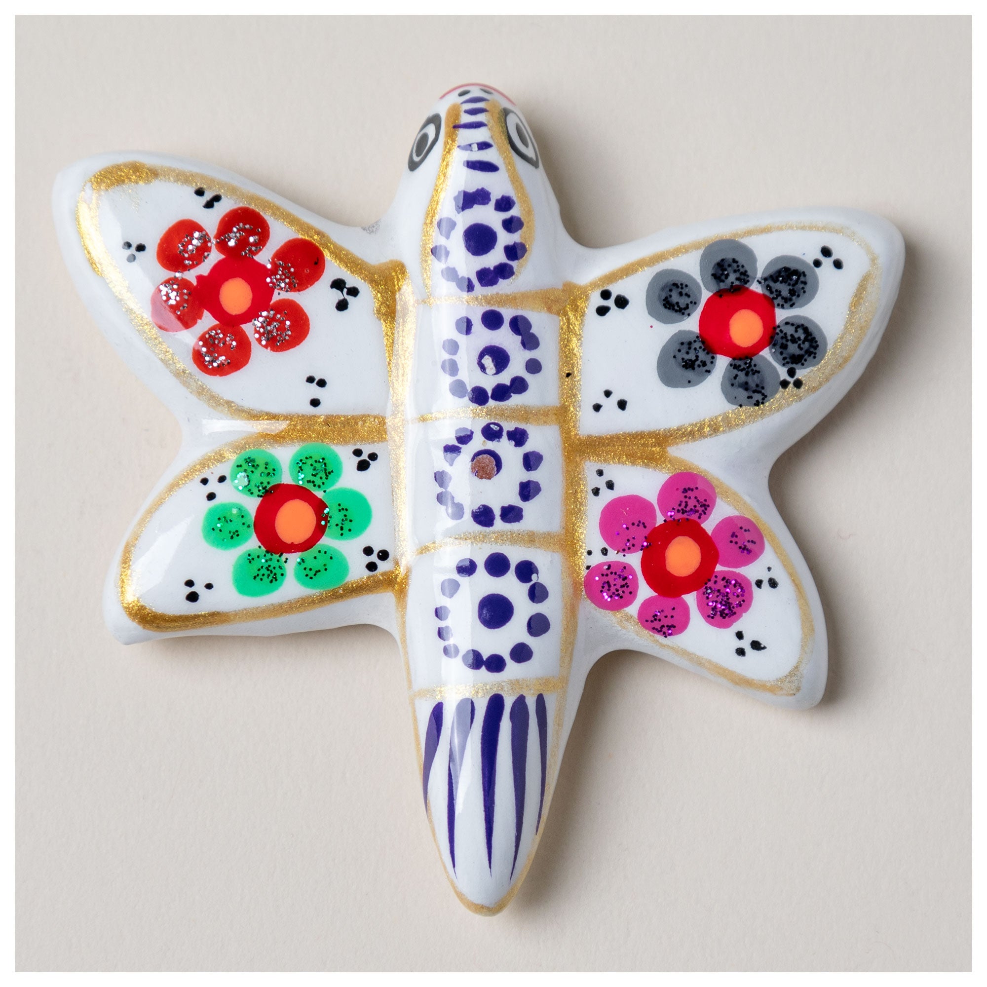 Hand-Painted Ceramic Dragonfly Magnet - White