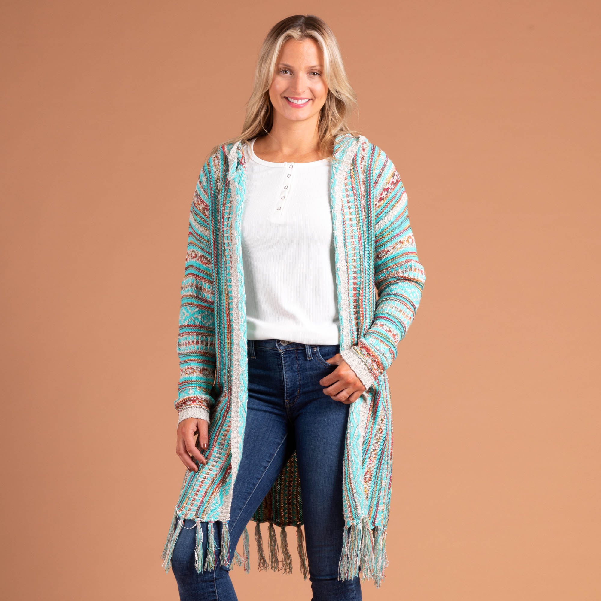 Striped Duster Cardigan With Fringe - Turquoise - S/M