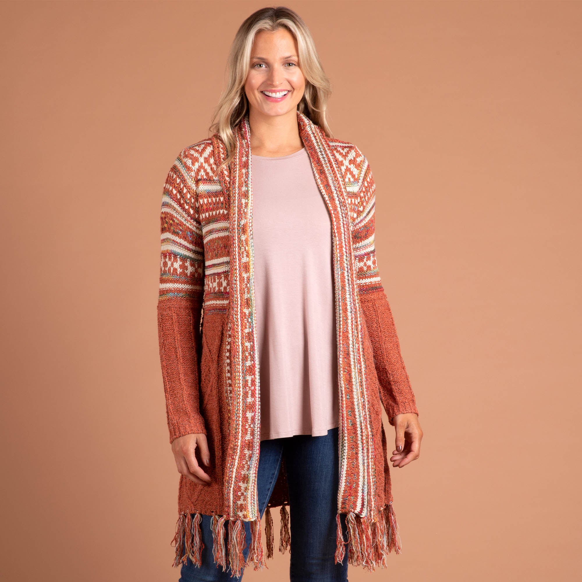 Upper Striped Duster Cardigan With Fringe - Rust - S/M