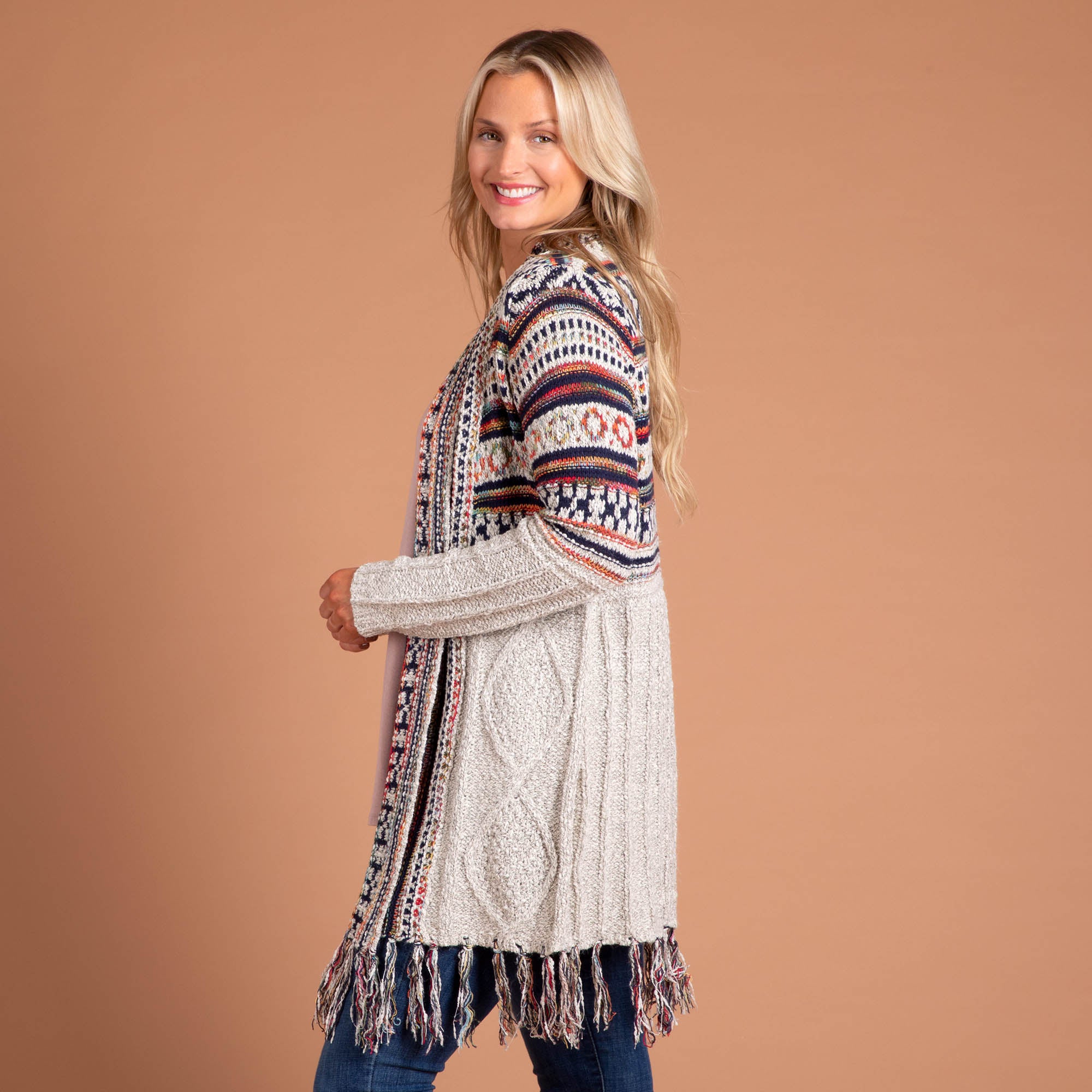 Upper Striped Duster Cardigan With Fringe - Beige - S/M