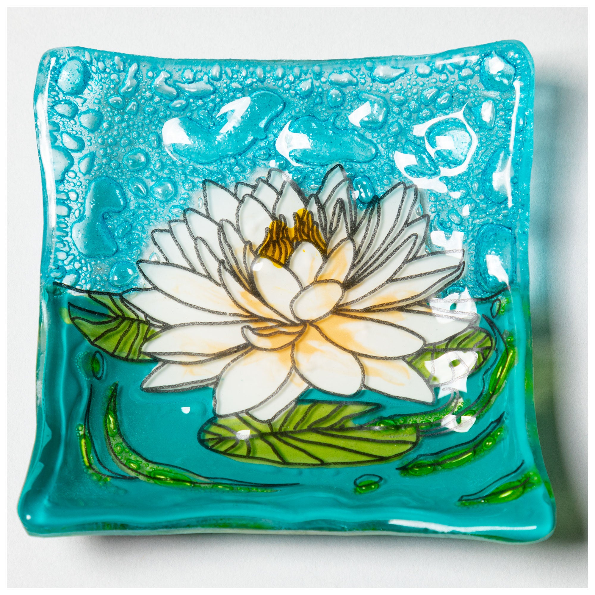 Hand Painted Flowers Recycled Glass Dish - White Lotus
