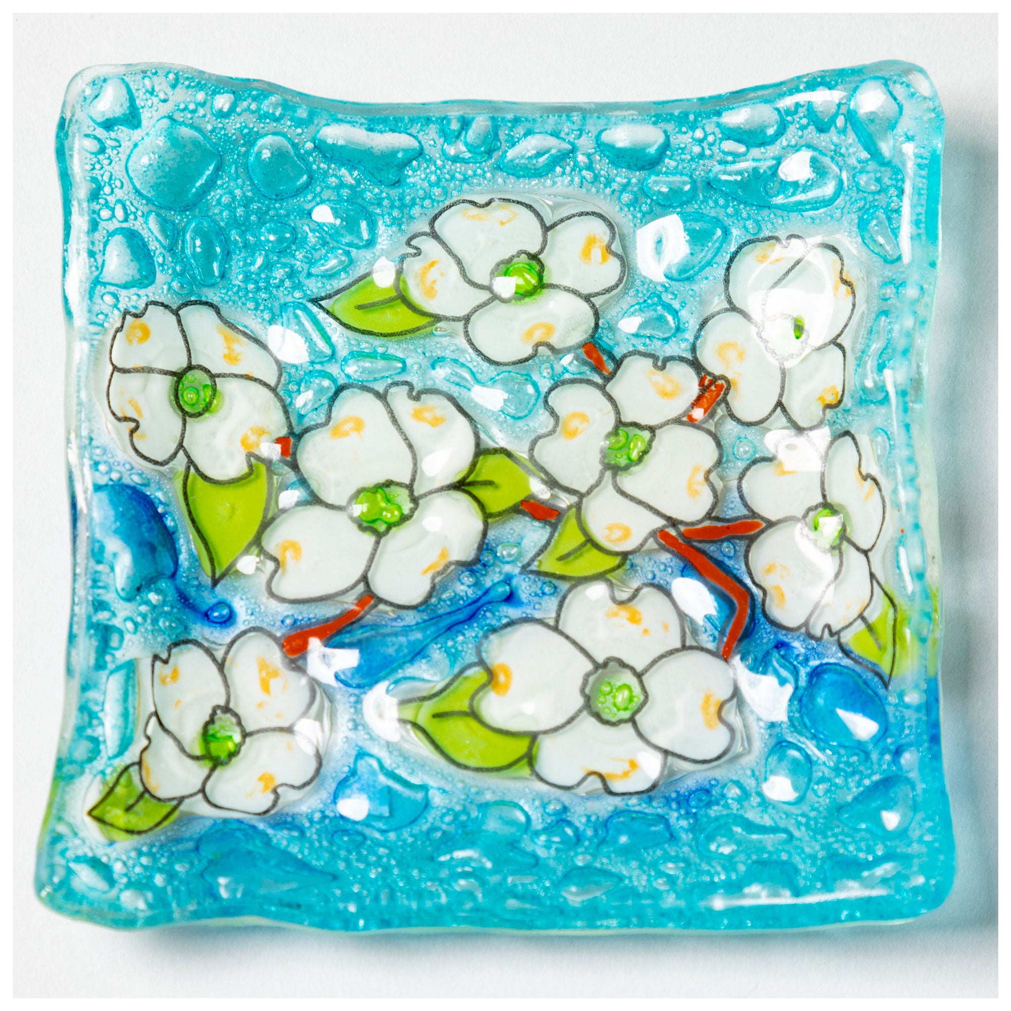 Hand Painted Flowers Recycled Glass Dish - Dogwood