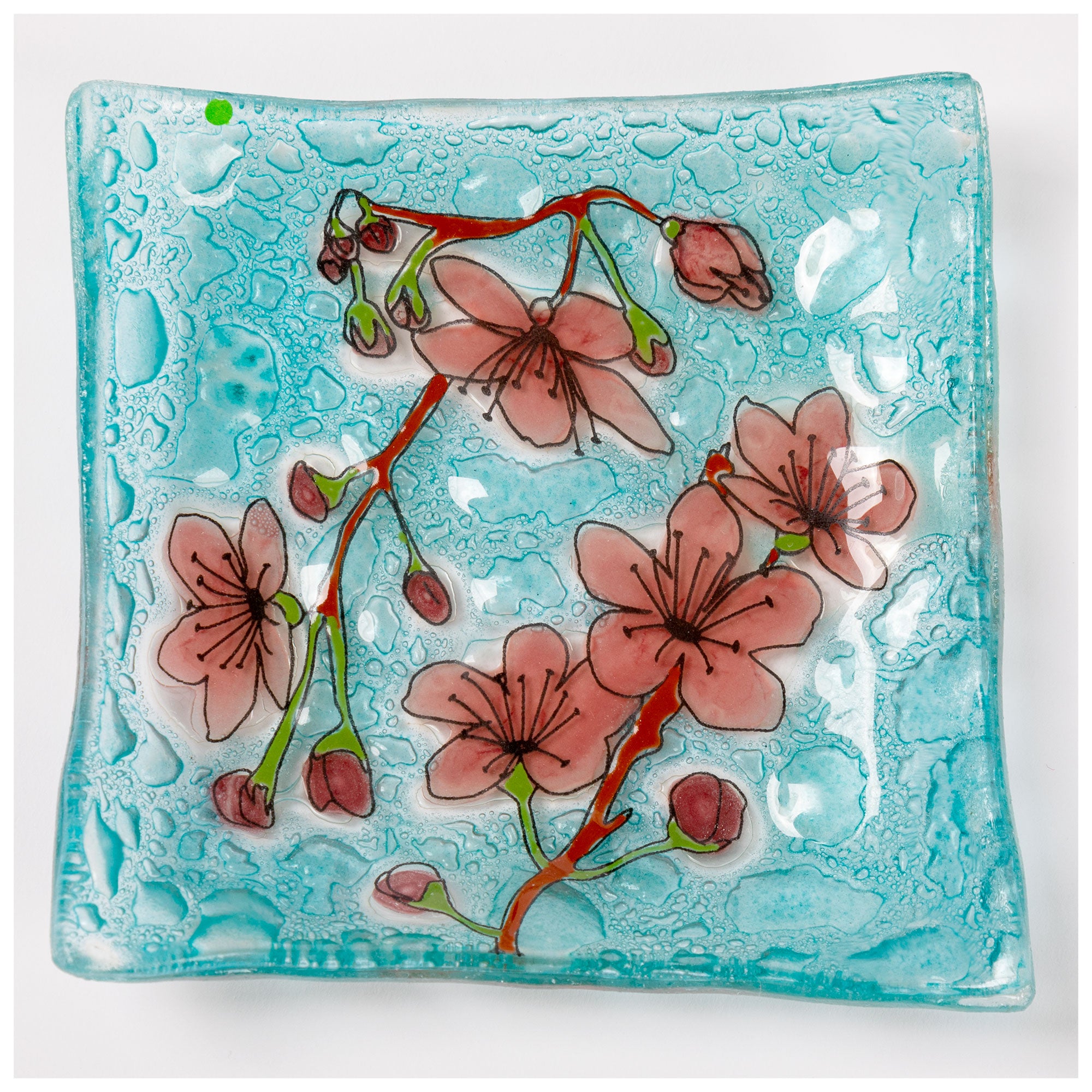 Hand Painted Flowers Recycled Glass Dish - Cherry Blossom