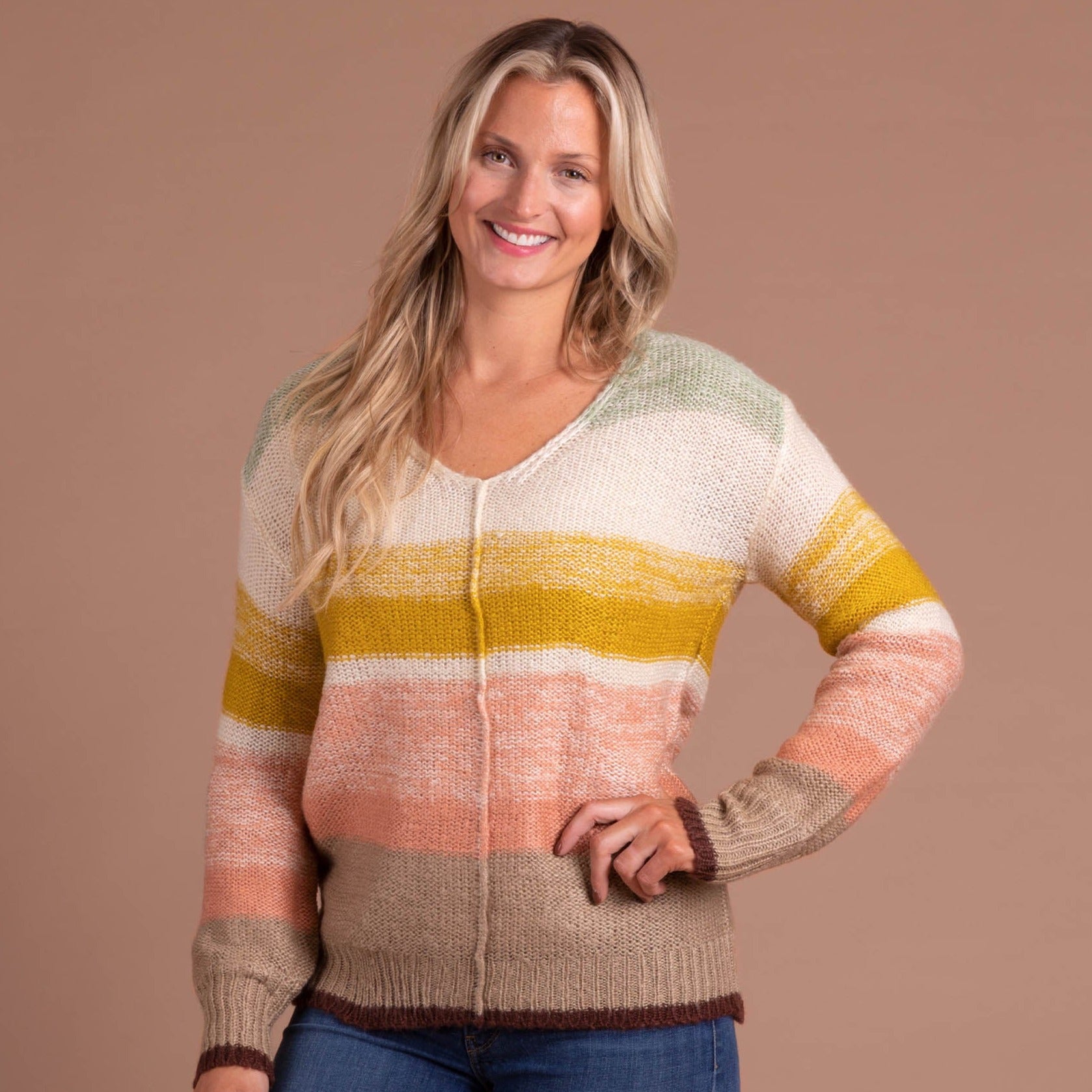 Colorful Stripes Pullover V-Neck Sweater - Mint - M/L