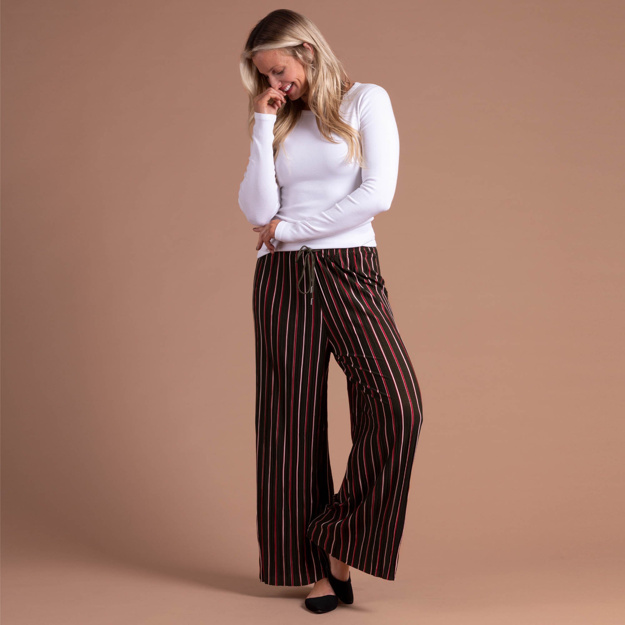 Striped Pleated Palazzo Wide Leg Pants - Olive & Red - One Size Fits Most Plus