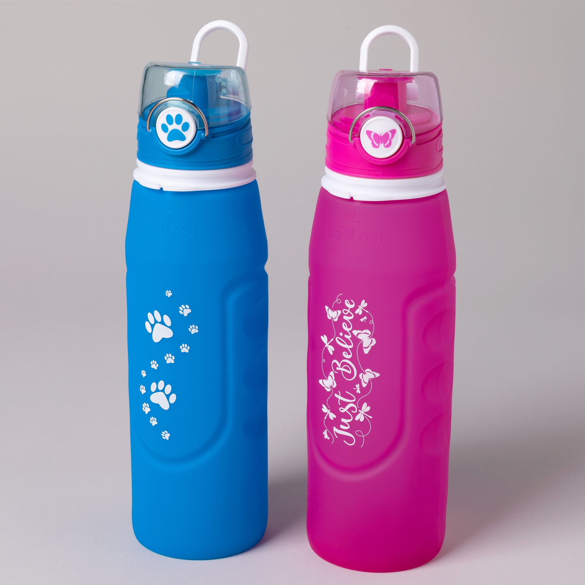 HydroGood Collapsible Silicone Water Bottle - Pink Fluttering Butterflies