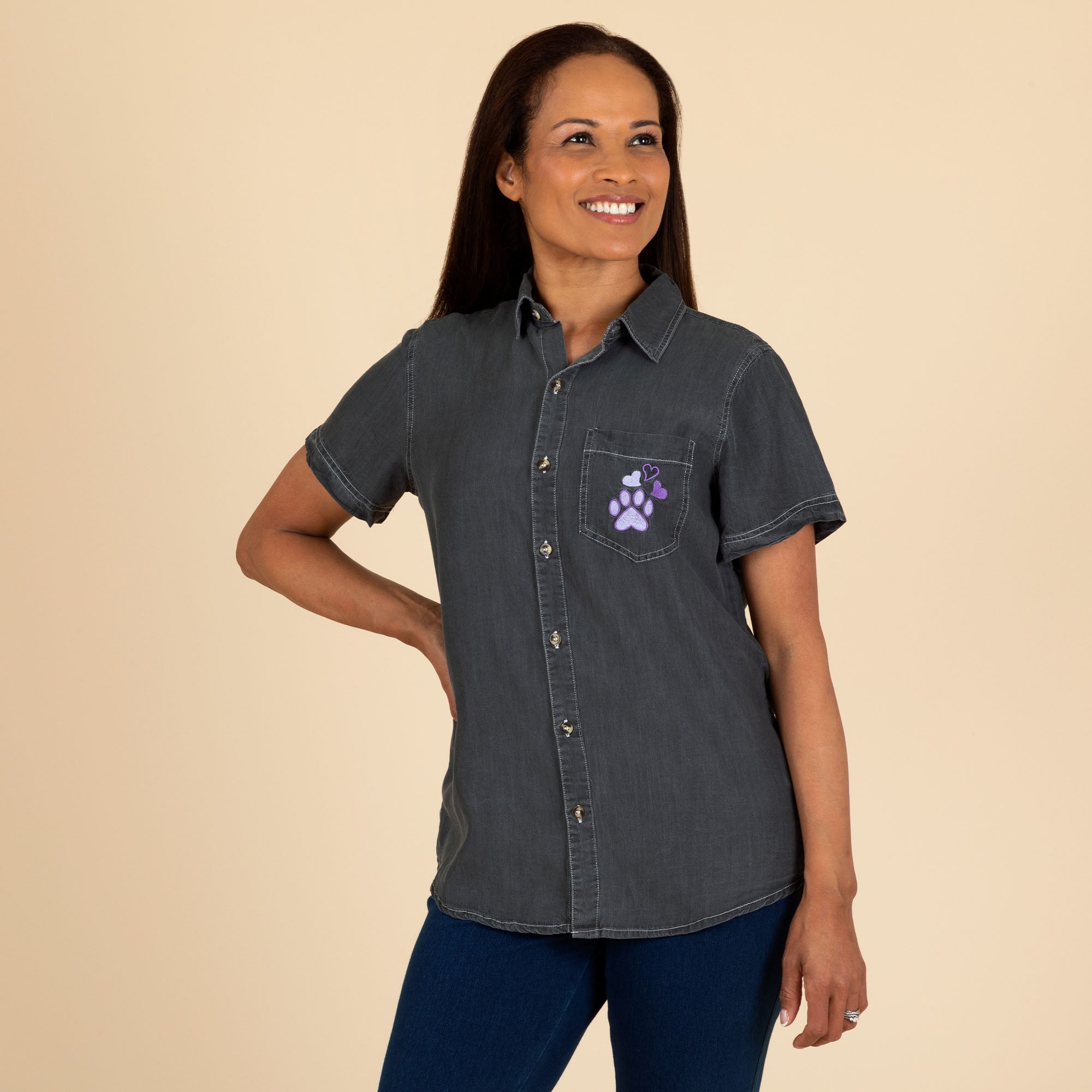 Paw Print Short Sleeve Camp Shirt - Purple Paw Heart - 1X