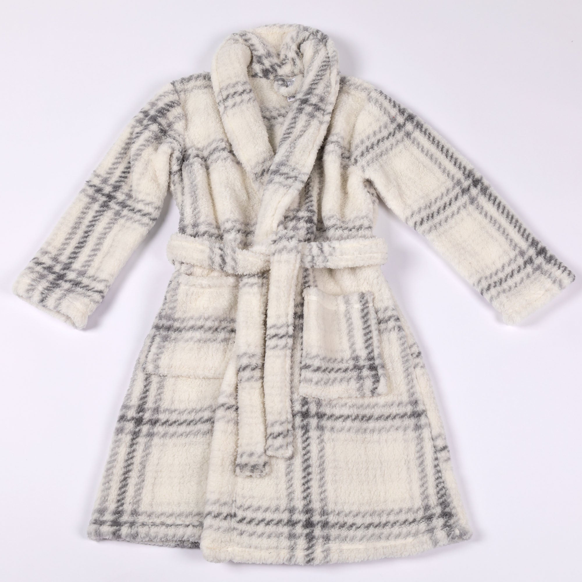 Cozy Soft Plaid Sherpa Fleece Bathrobe - Gray Plaid 