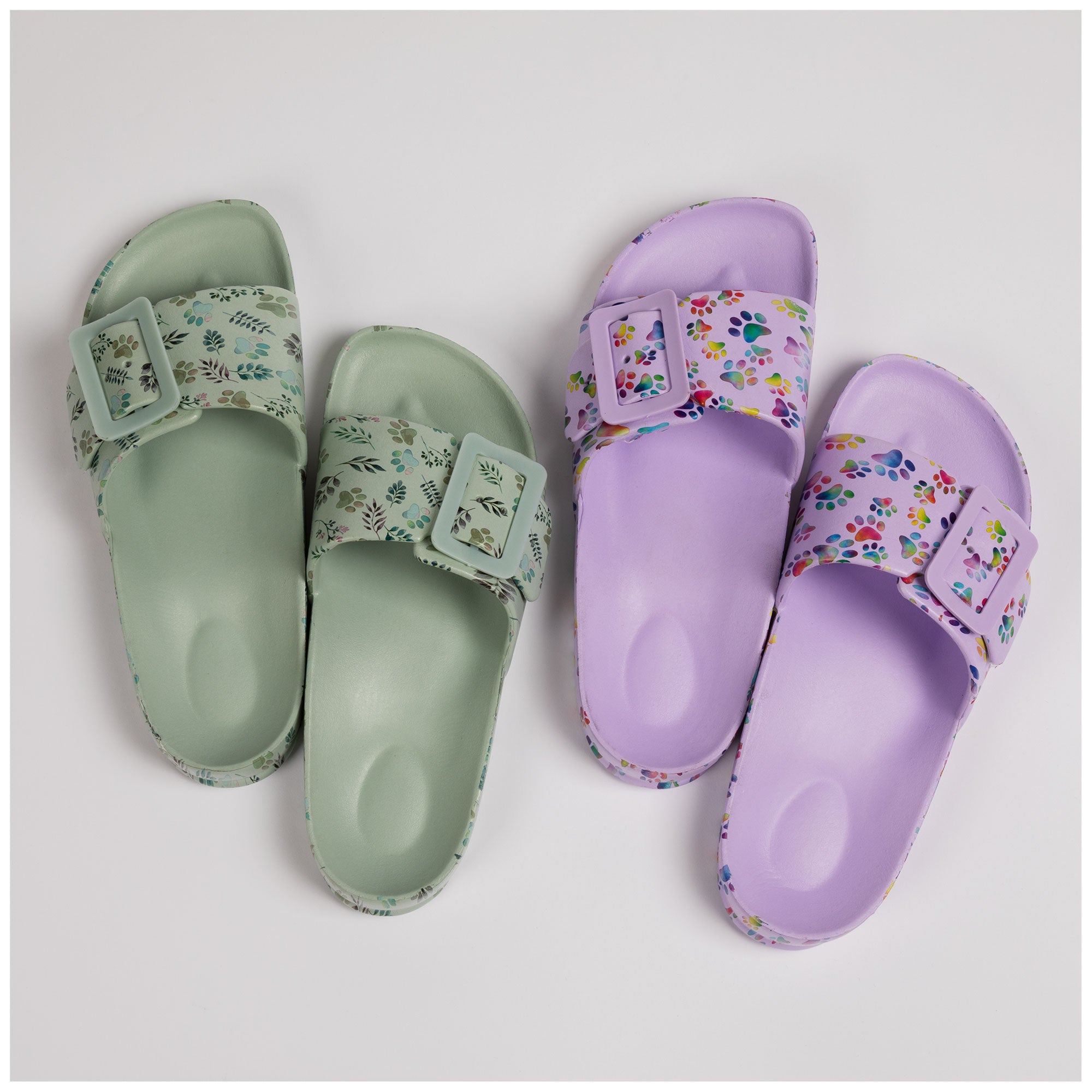 Paw Print Single Buckle Slide Sandals - Bold & Bright Paws - 6