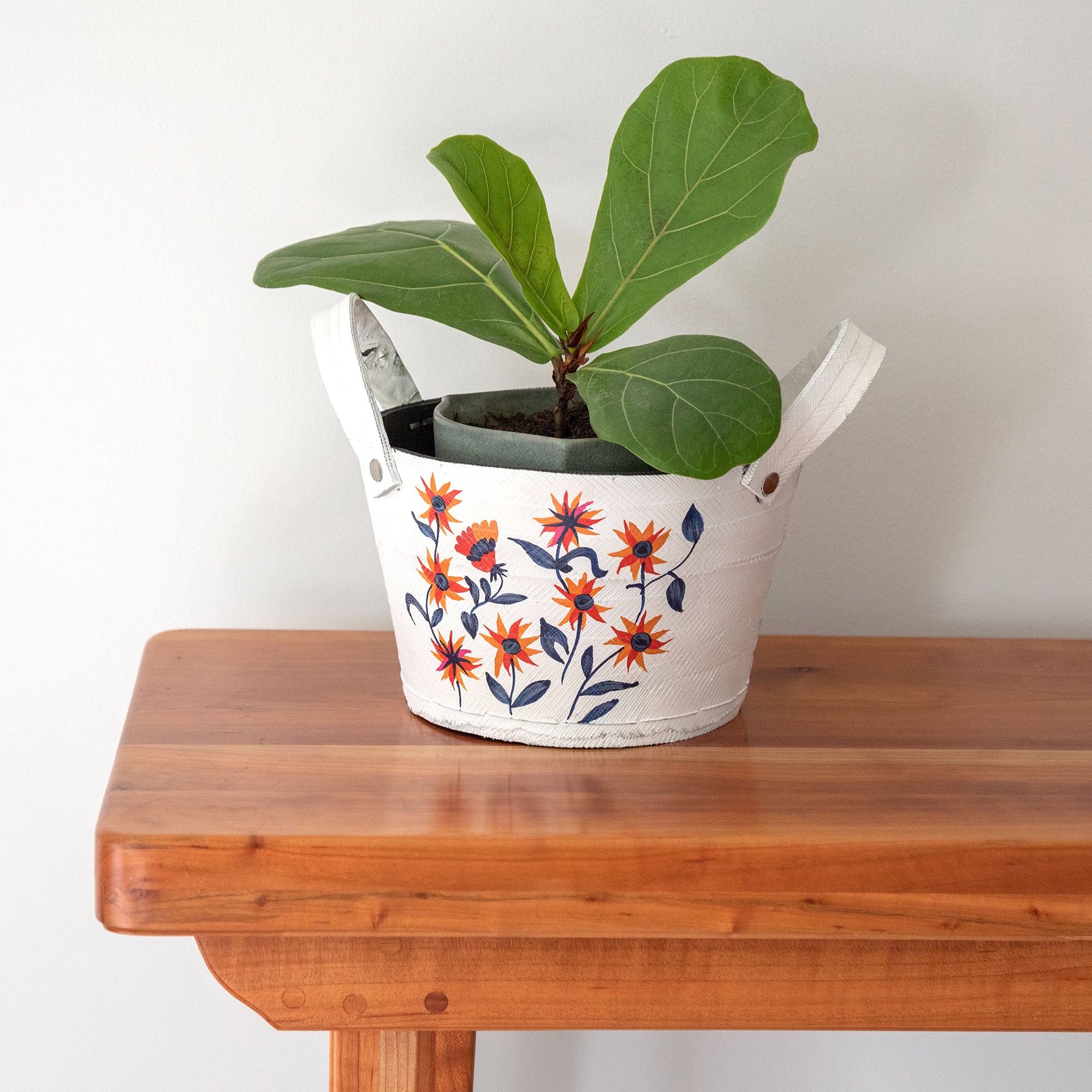 Hand Painted Folklore Recycled Rubber Planter - Orange Sunflowers