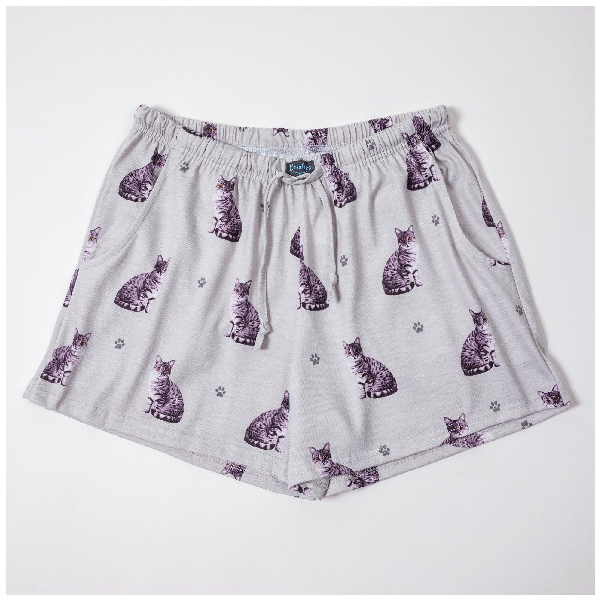 Cute Cat Lounge Shorts - Silver Tabby Cat - L