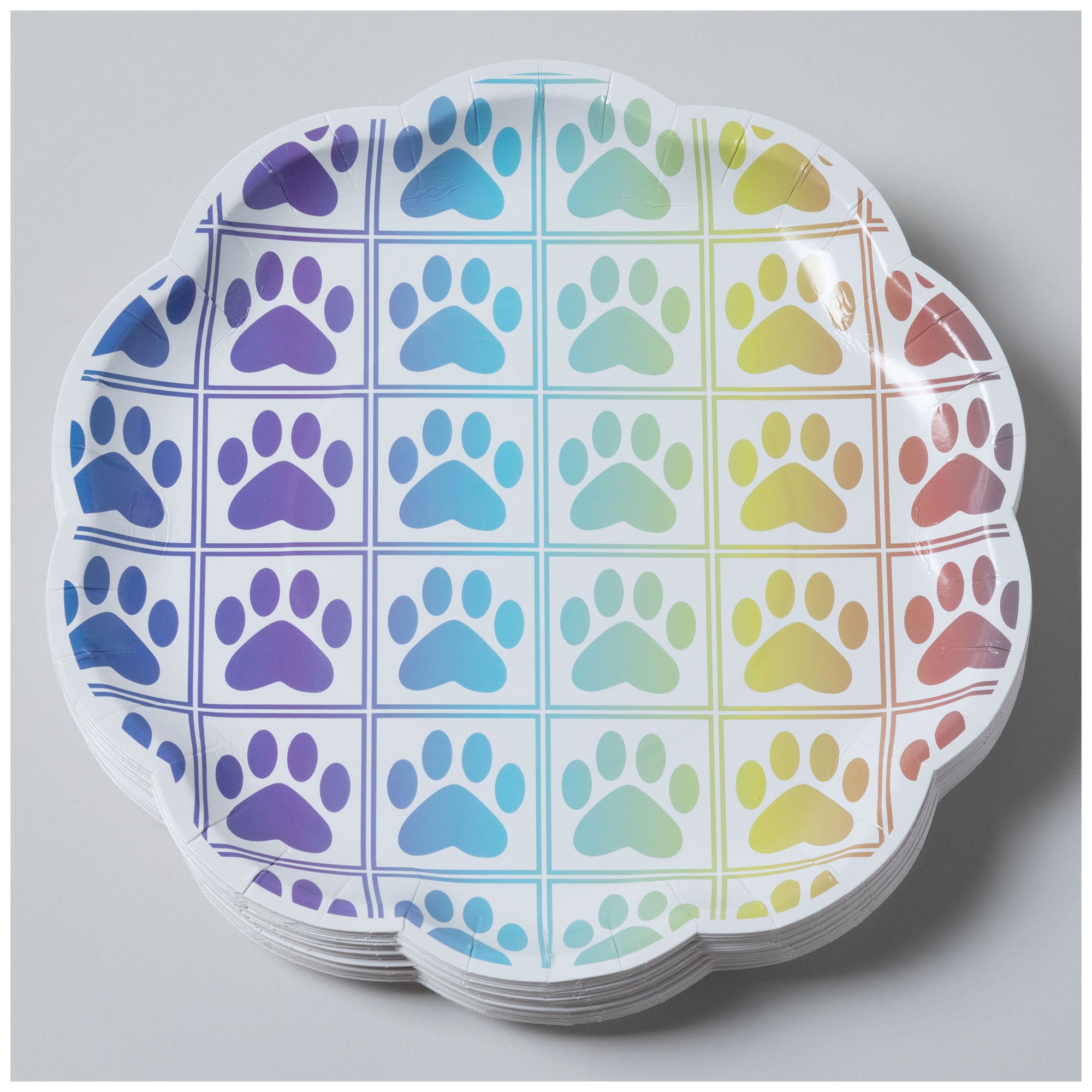 Pawfect Occasion Paper Plates & Napkins - Rainbow Checkered Paws - Plates Only