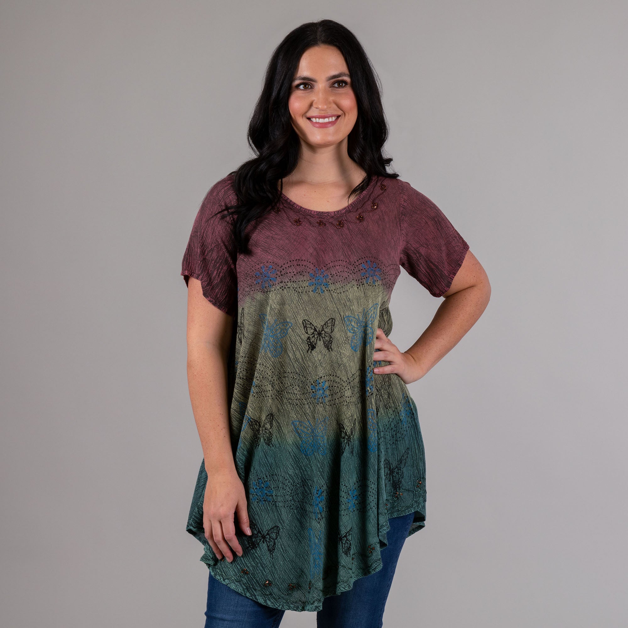Butterfly Hand Crafted Short Sleeve Tunic - OSFM