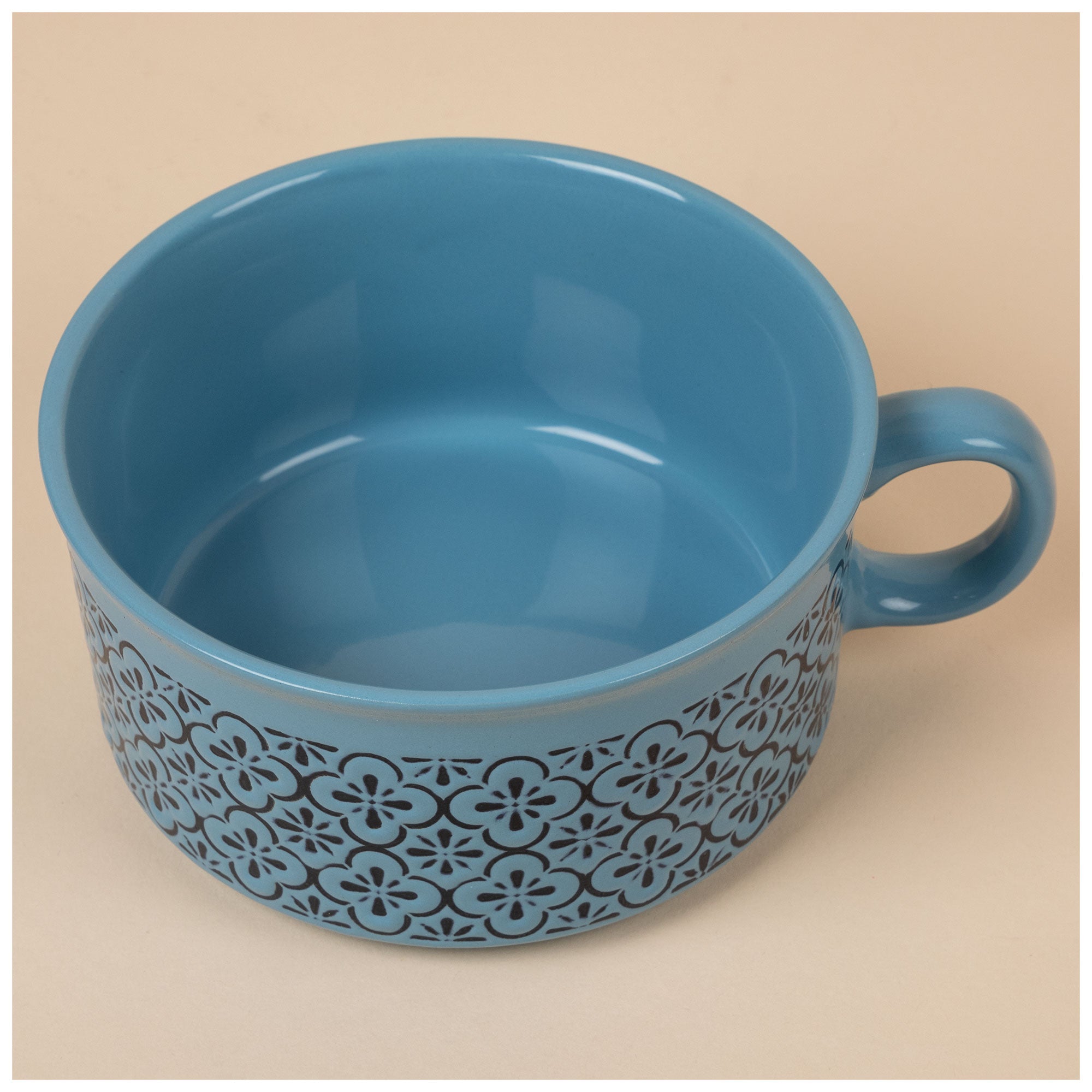Lovely Blue Souper Mug With Lid - Blue Floral Checkers