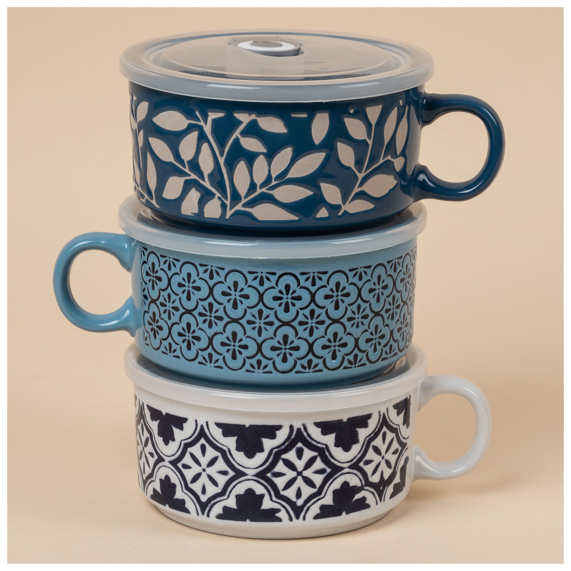 Lovely Blue Souper Mug With Lid - Blue Floral Checkers