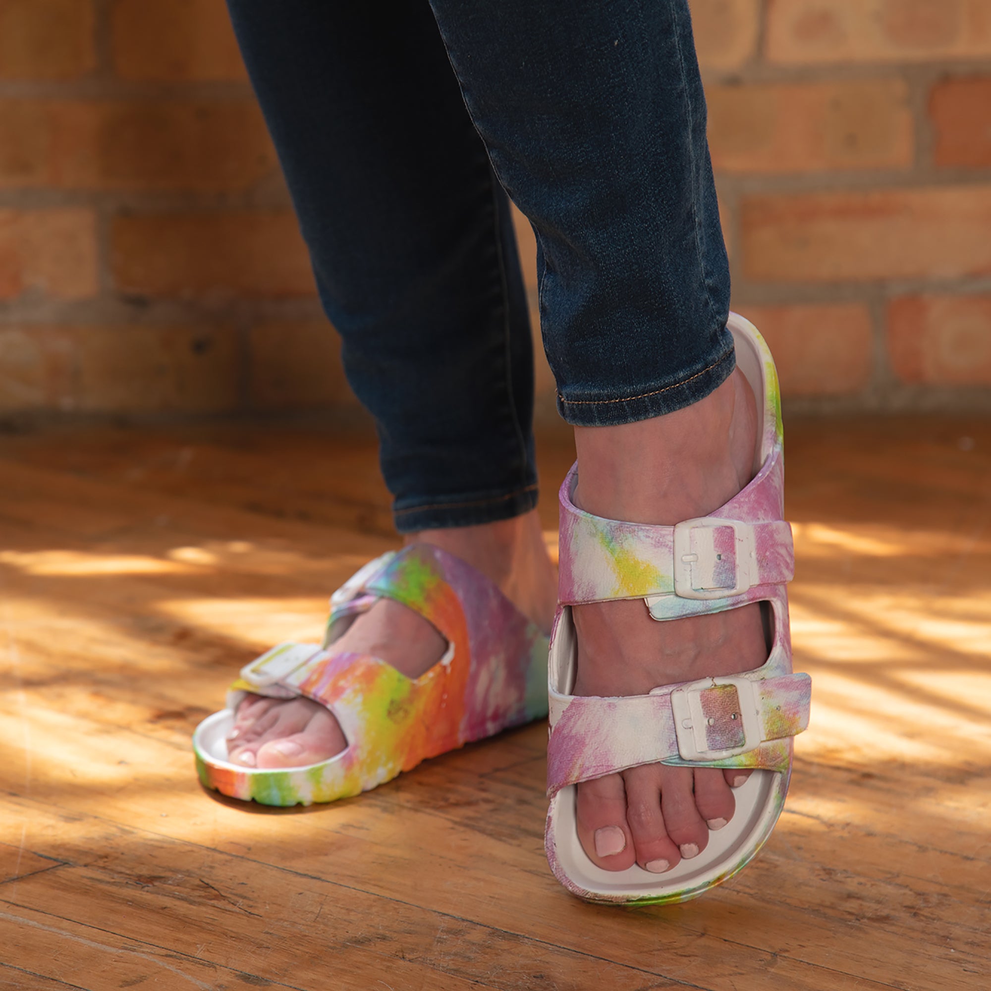 Women's Tie-Dye Double Buckle Slide Sandals - 5