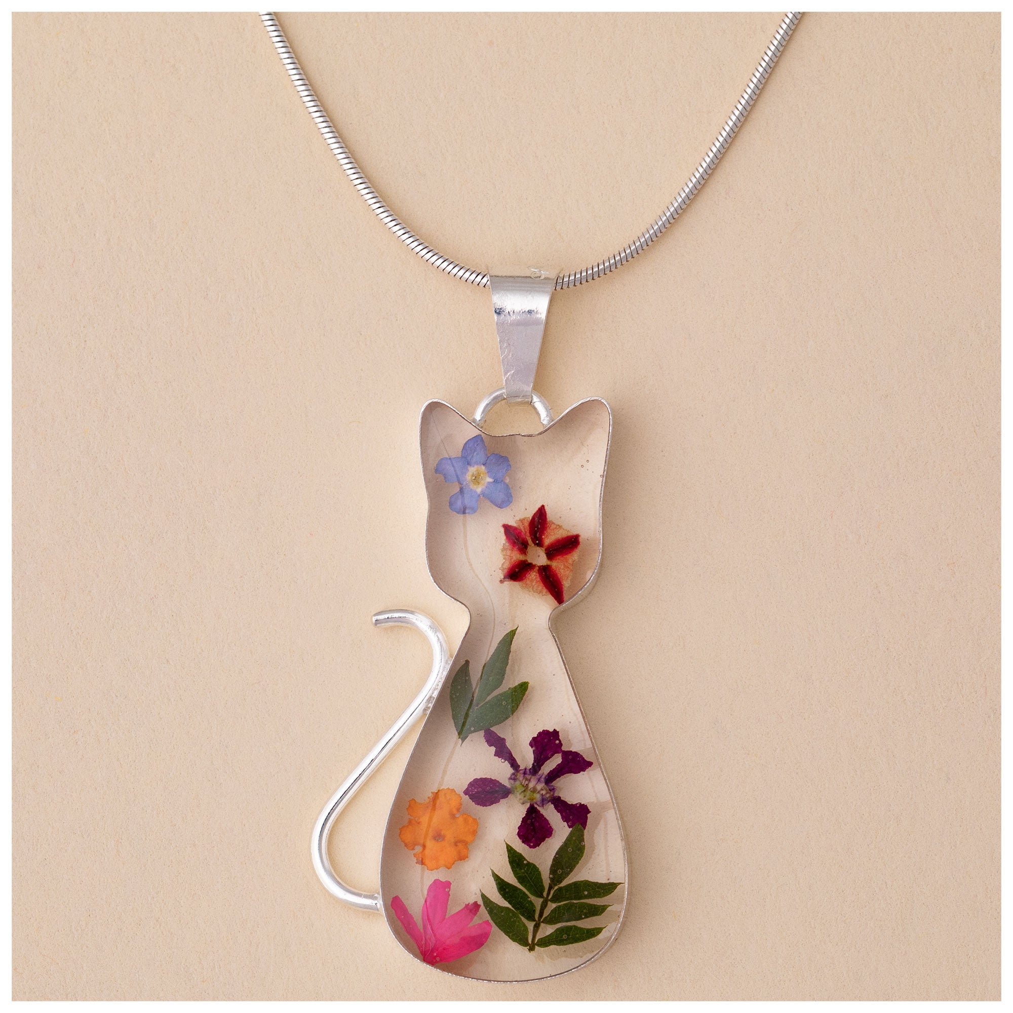 Real Flowers & Sterling Cat Necklace - With Diamond Cut Chain