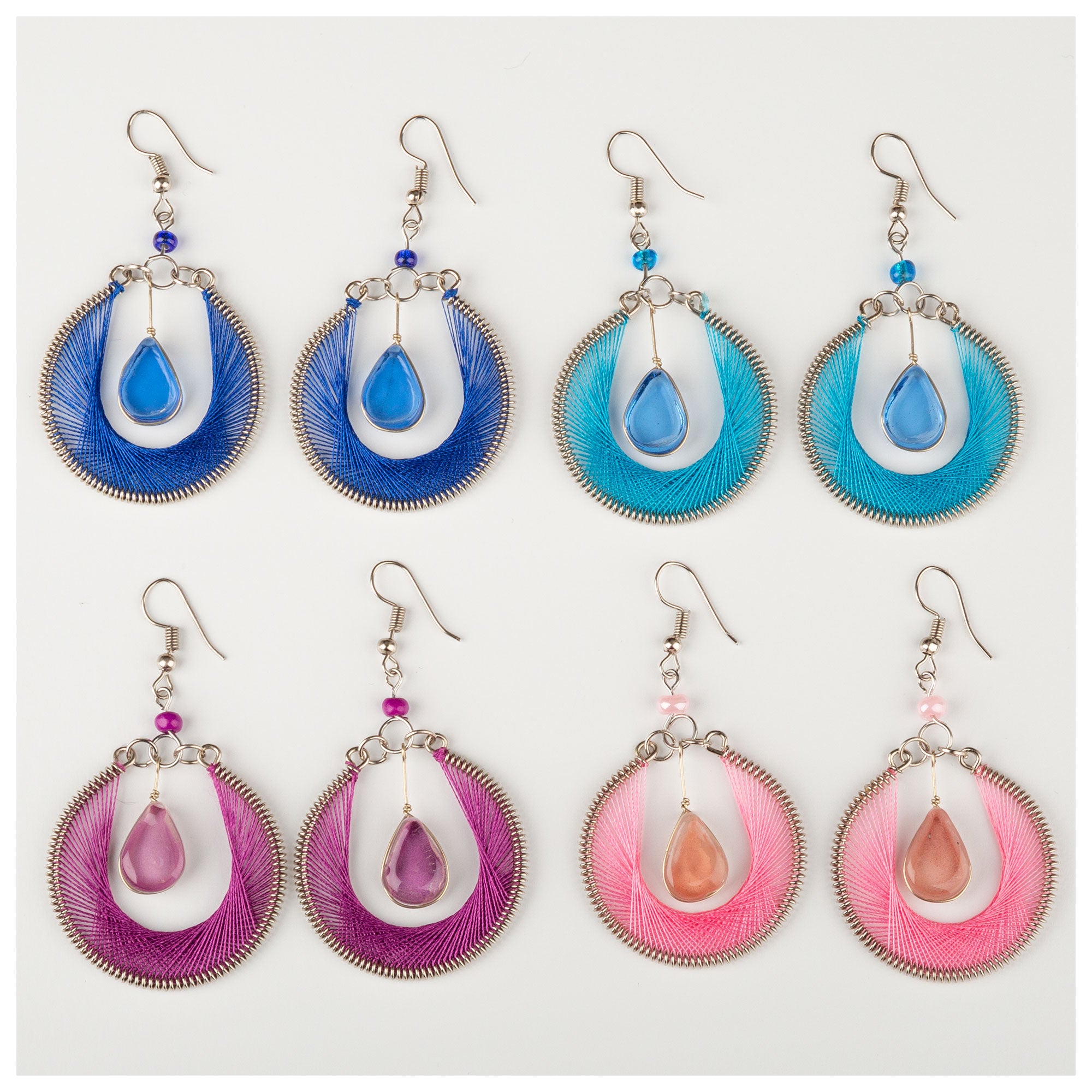 Hand Threaded & Glass Drop Earrings - Blue