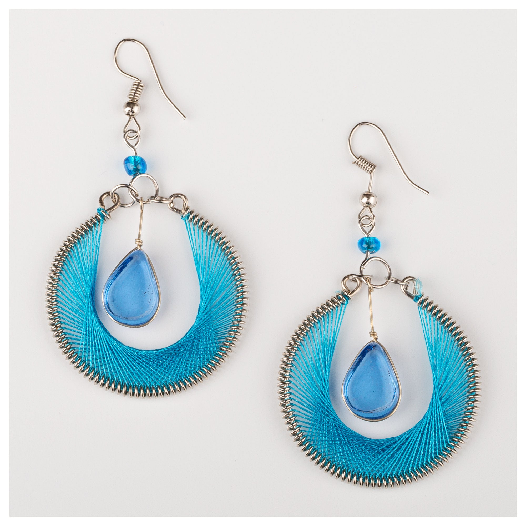 Hand Threaded & Glass Drop Earrings - Turquoise