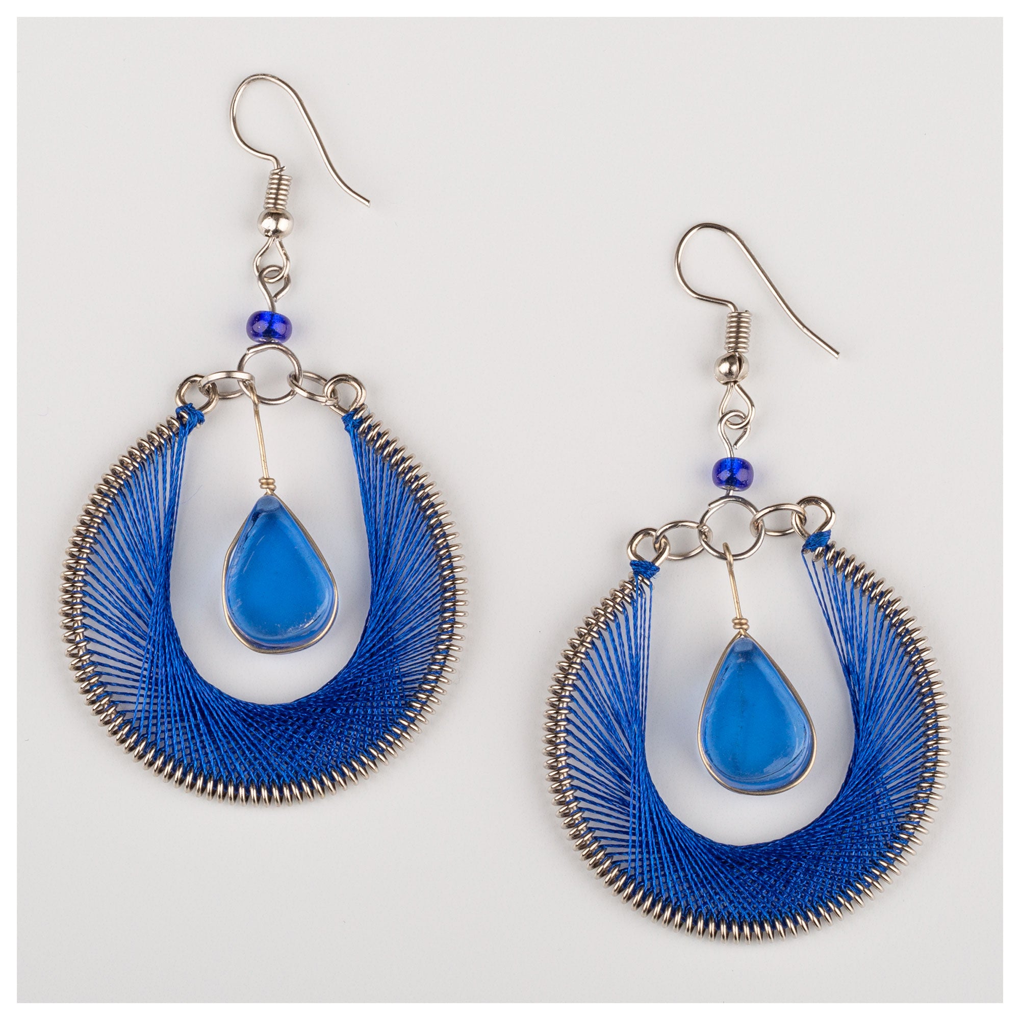 Hand Threaded & Glass Drop Earrings - Blue