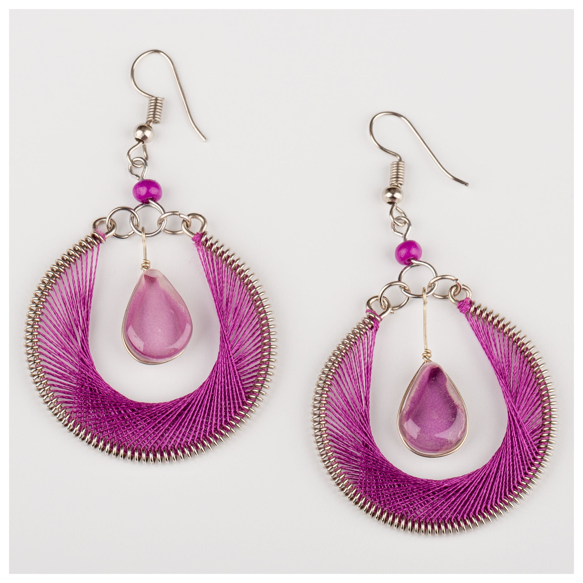 Hand Threaded & Glass Drop Earrings - Purple