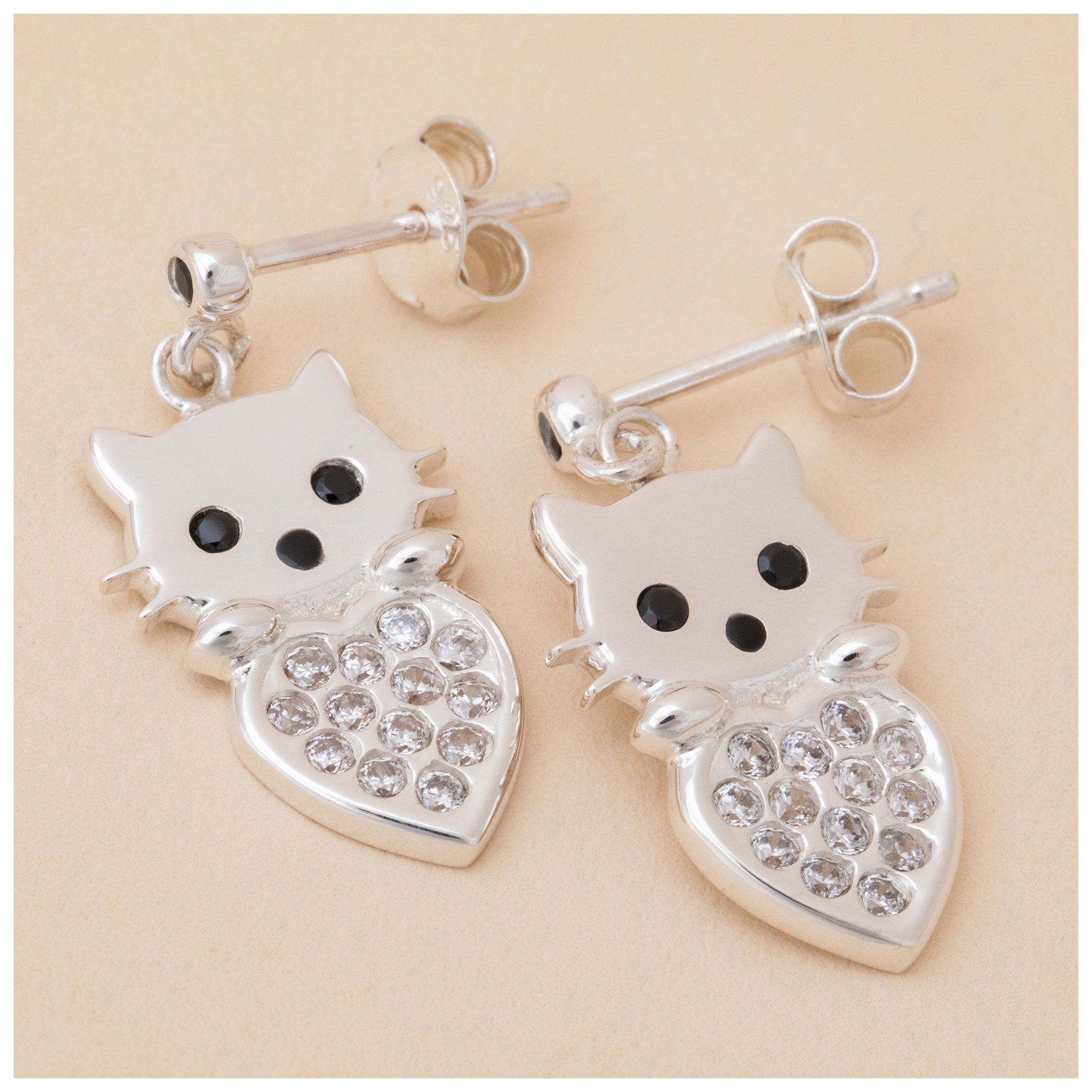 Cat & Heart Birth Month Sterling Earrings - January