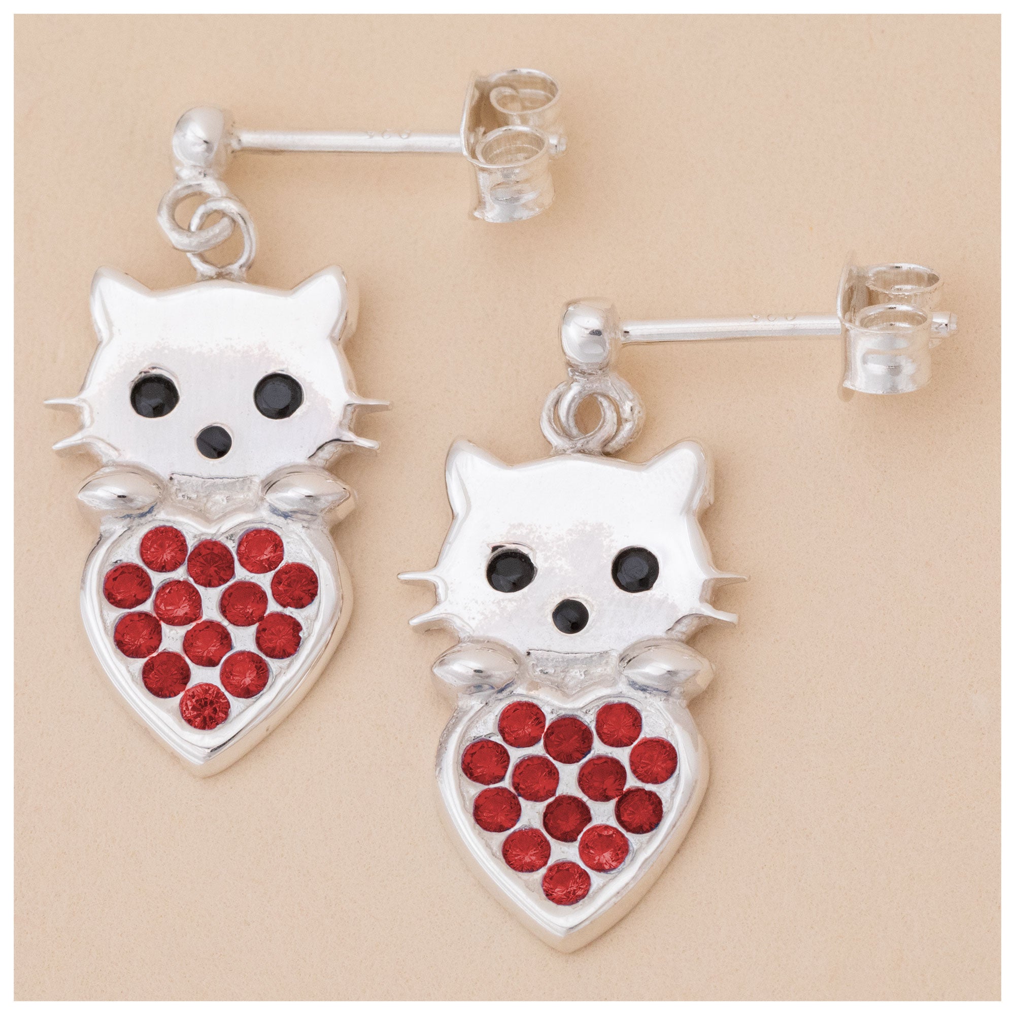 Cat & Heart Birth Month Sterling Earrings - January