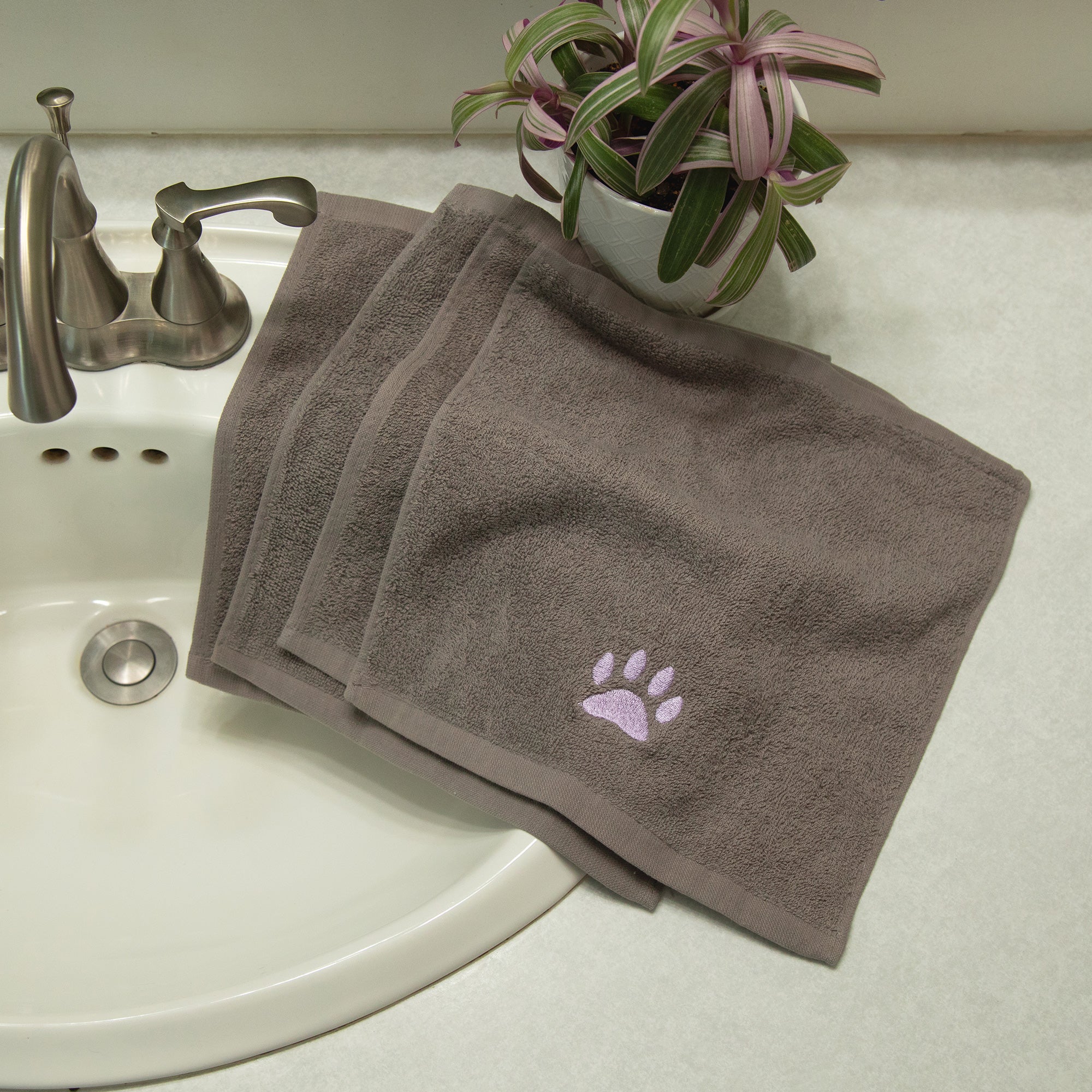 Embroidered Paw Wash Cloth - Set Of 4 - Purple