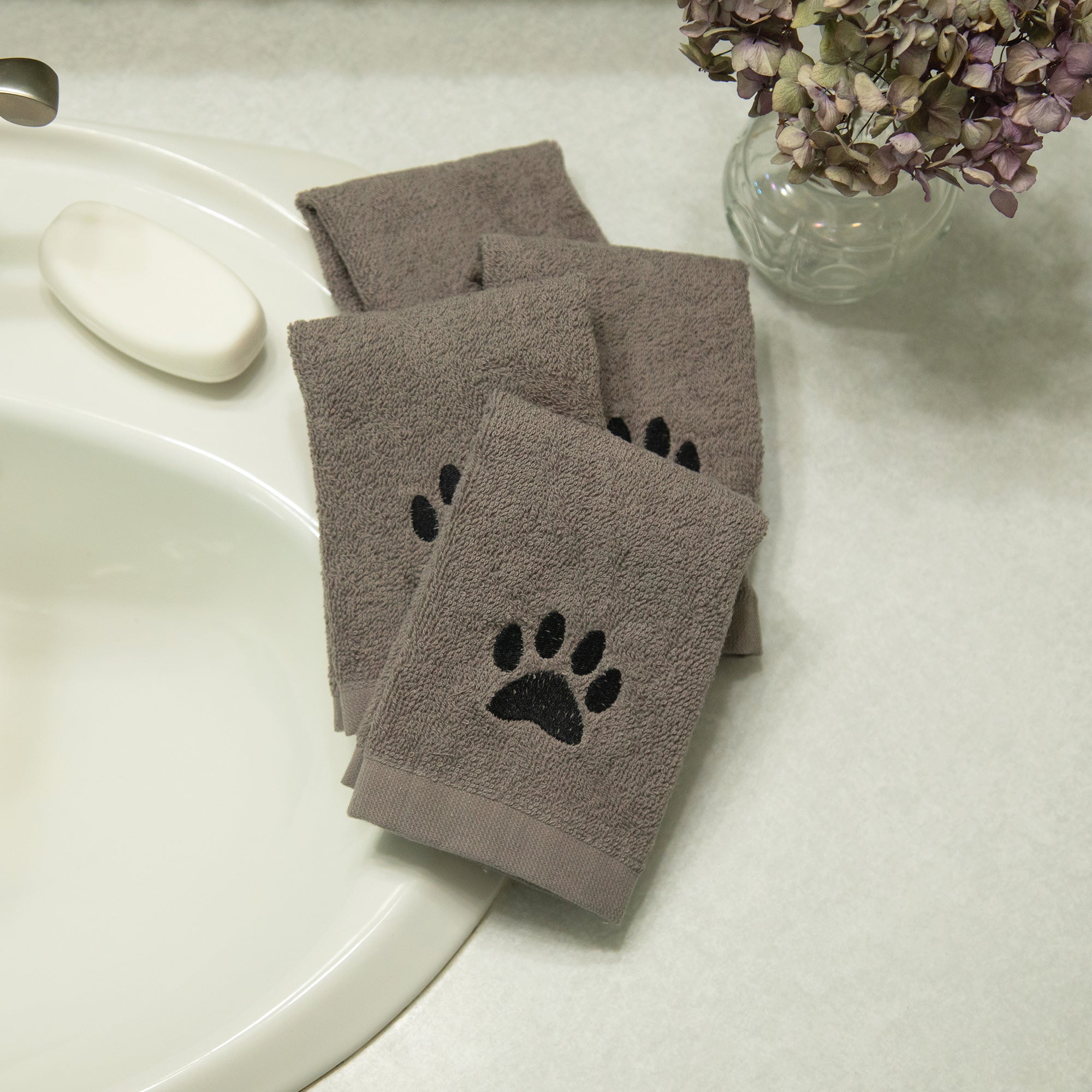 Embroidered Paw Wash Cloth - Set Of 4 - Black