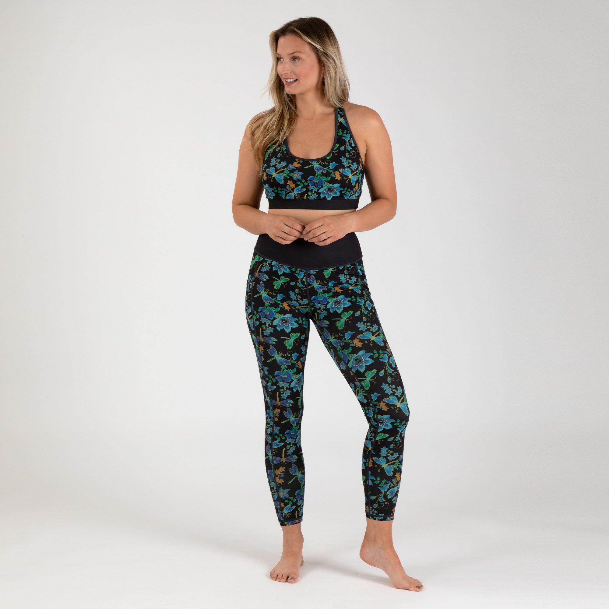 Racerback Sports Bra & Legging Set - Floral Dragonflies - XL