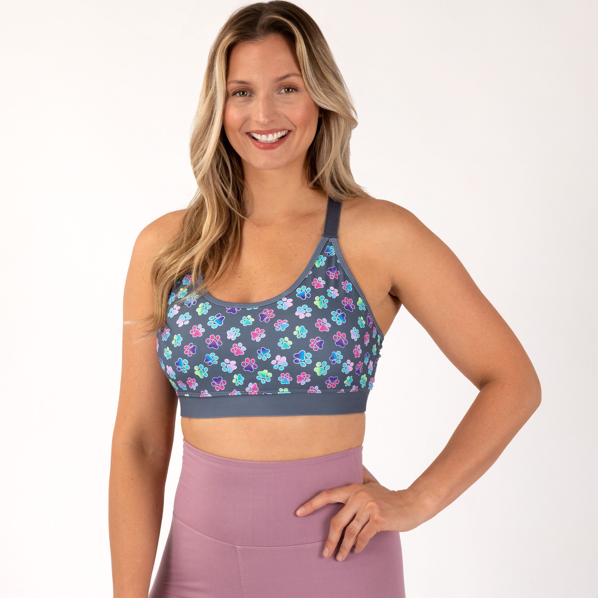Wide Strap Adjustable Sports Bra - Blue Paisley Paws - S