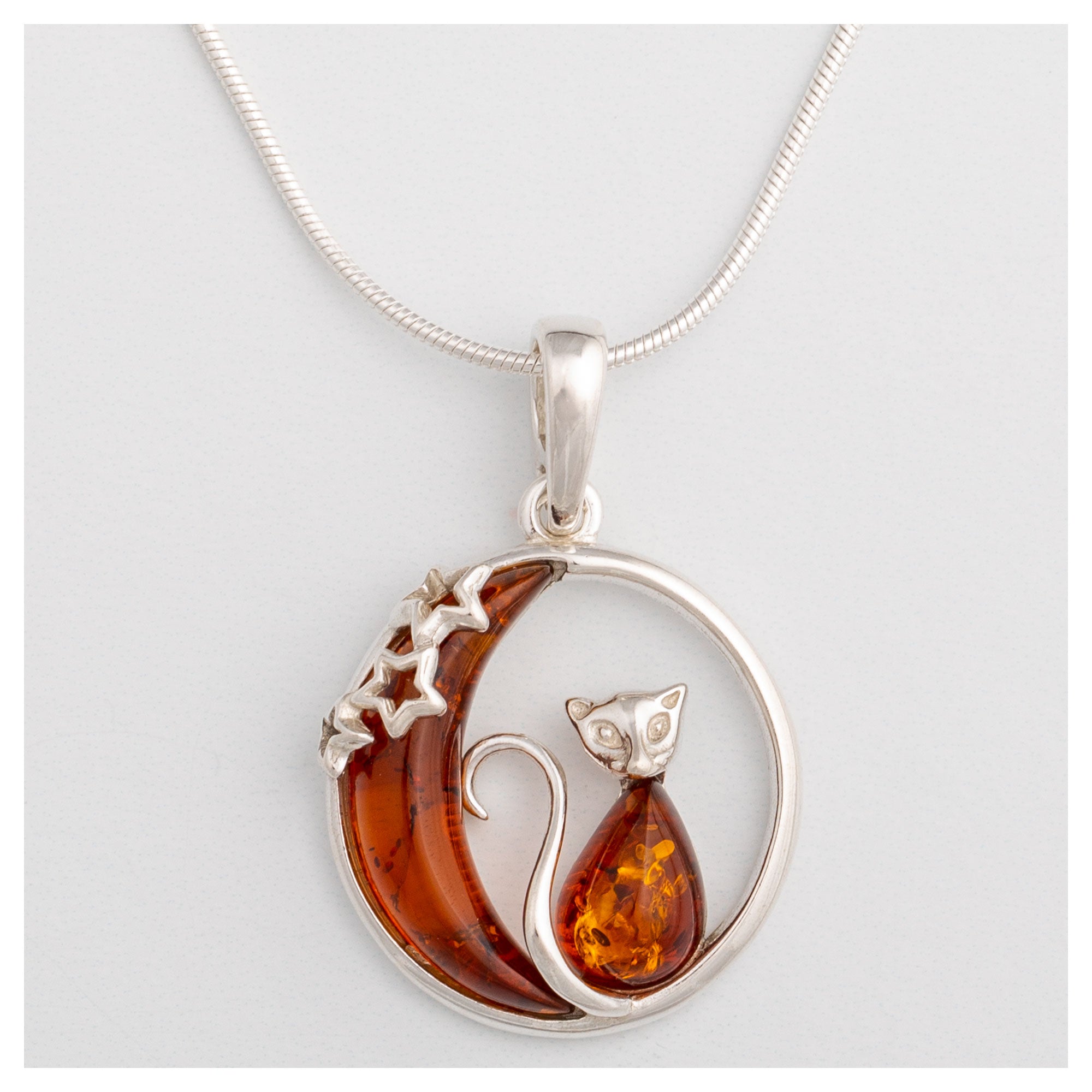 Moonlight Cat Sterling & Amber Necklace - Cognac - With Sterling Cable Chain