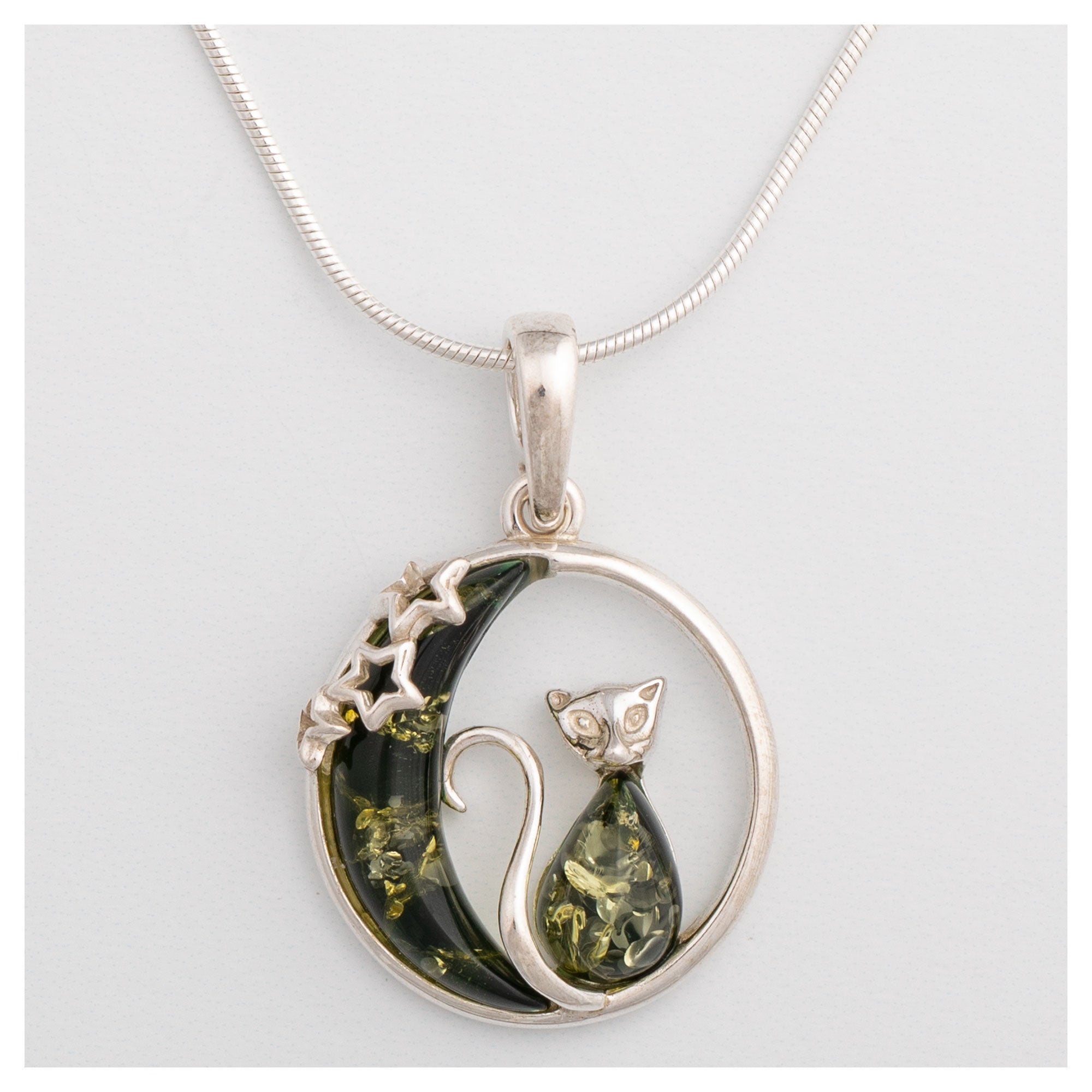 Moonlight Cat Sterling & Amber Necklace - Green - Pendant Only