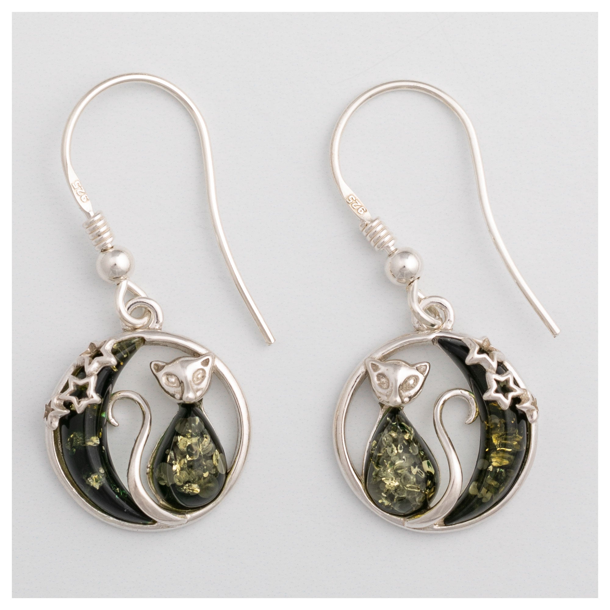 Moonlight Cat Sterling & Amber Earrings - Green