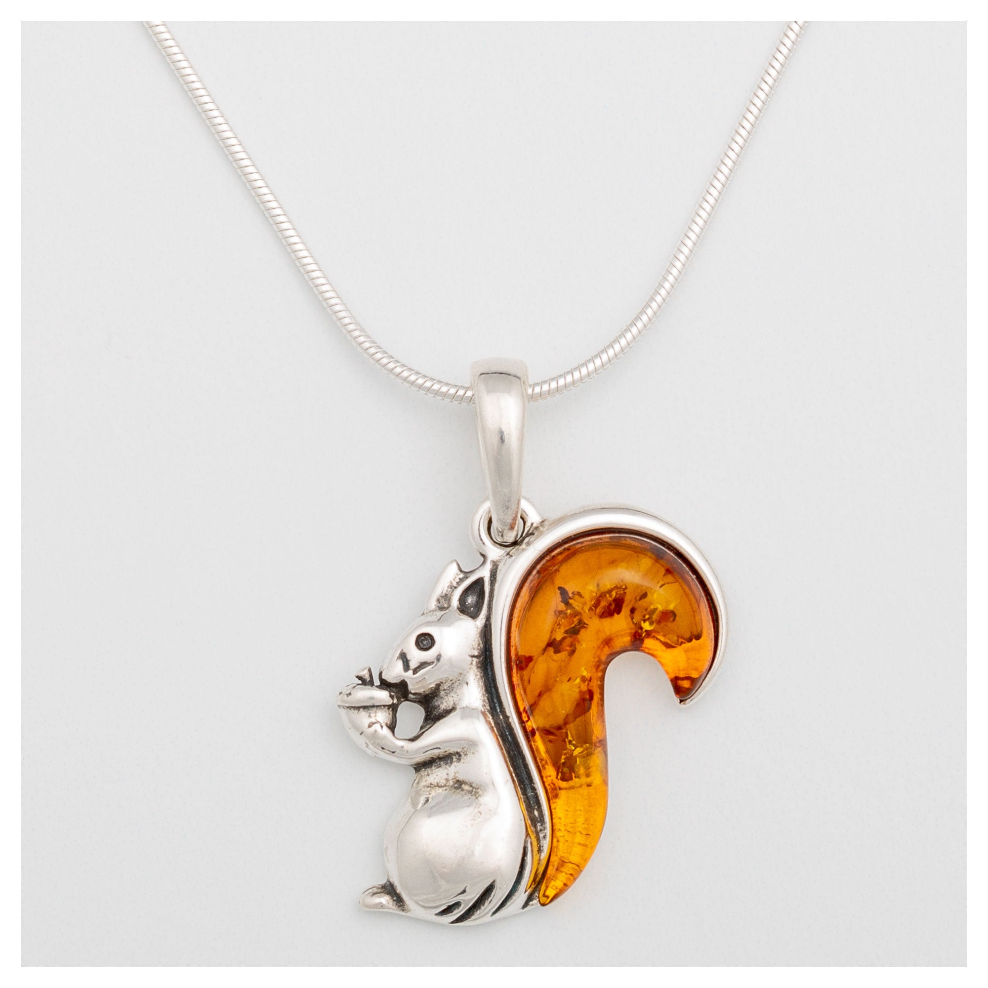 Squirrel Tail Amber & Sterling Necklace - Cognac - With Diamond Cut Chain