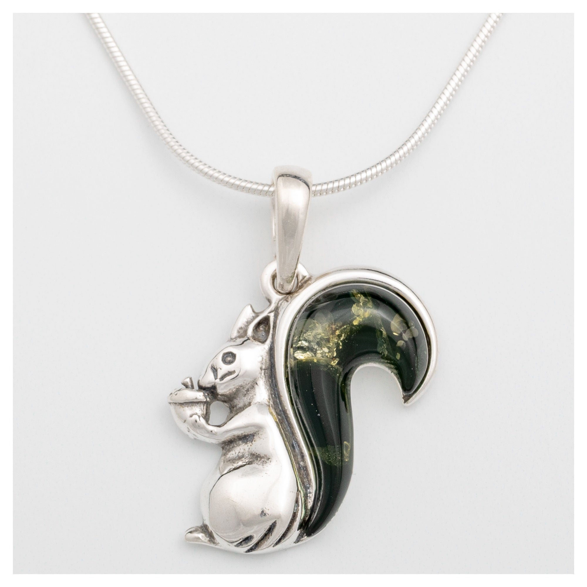 Squirrel Tail Amber & Sterling Necklace - Green - With Diamond Cut Chain