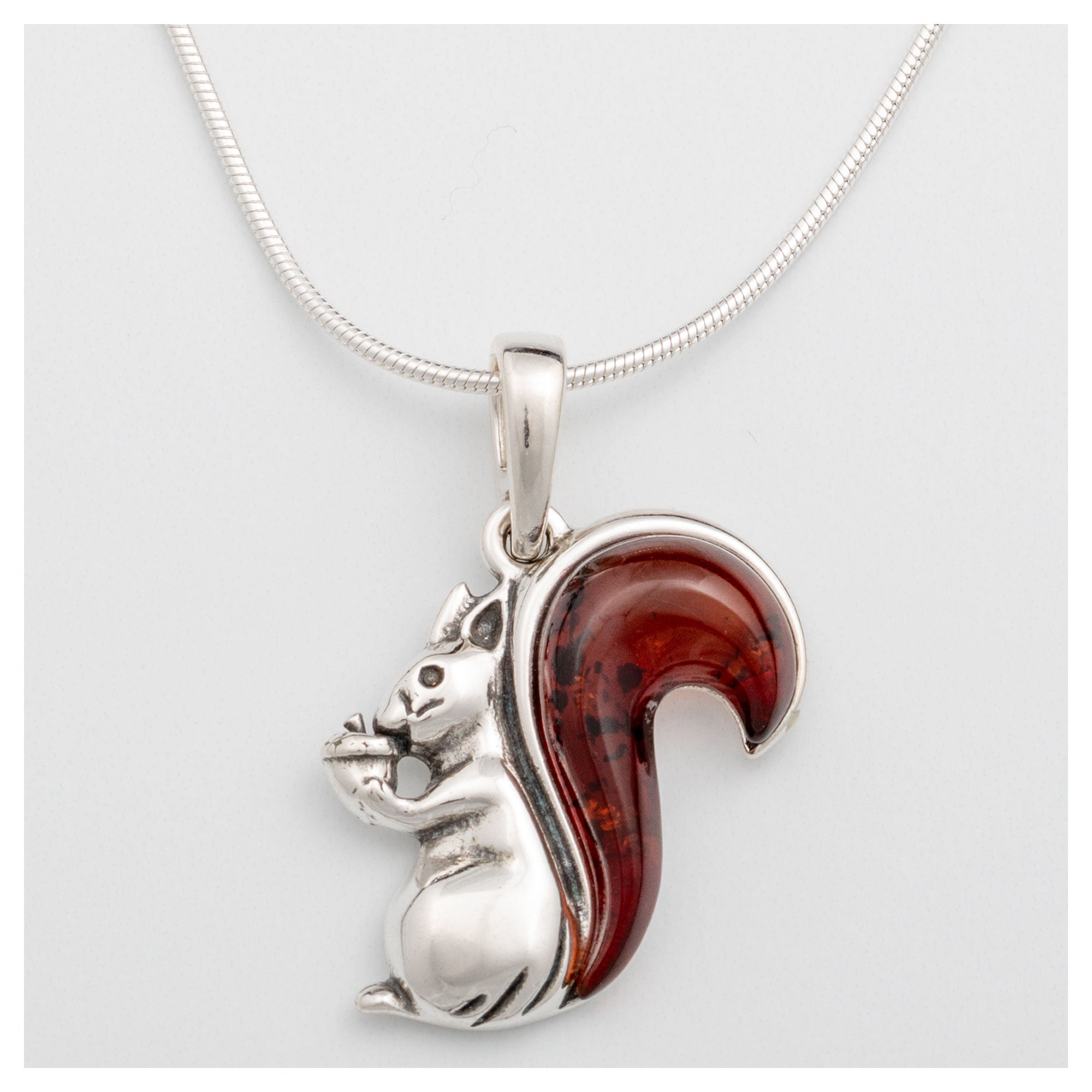 Squirrel Tail Amber & Sterling Necklace - Cherry - With Snake Chain