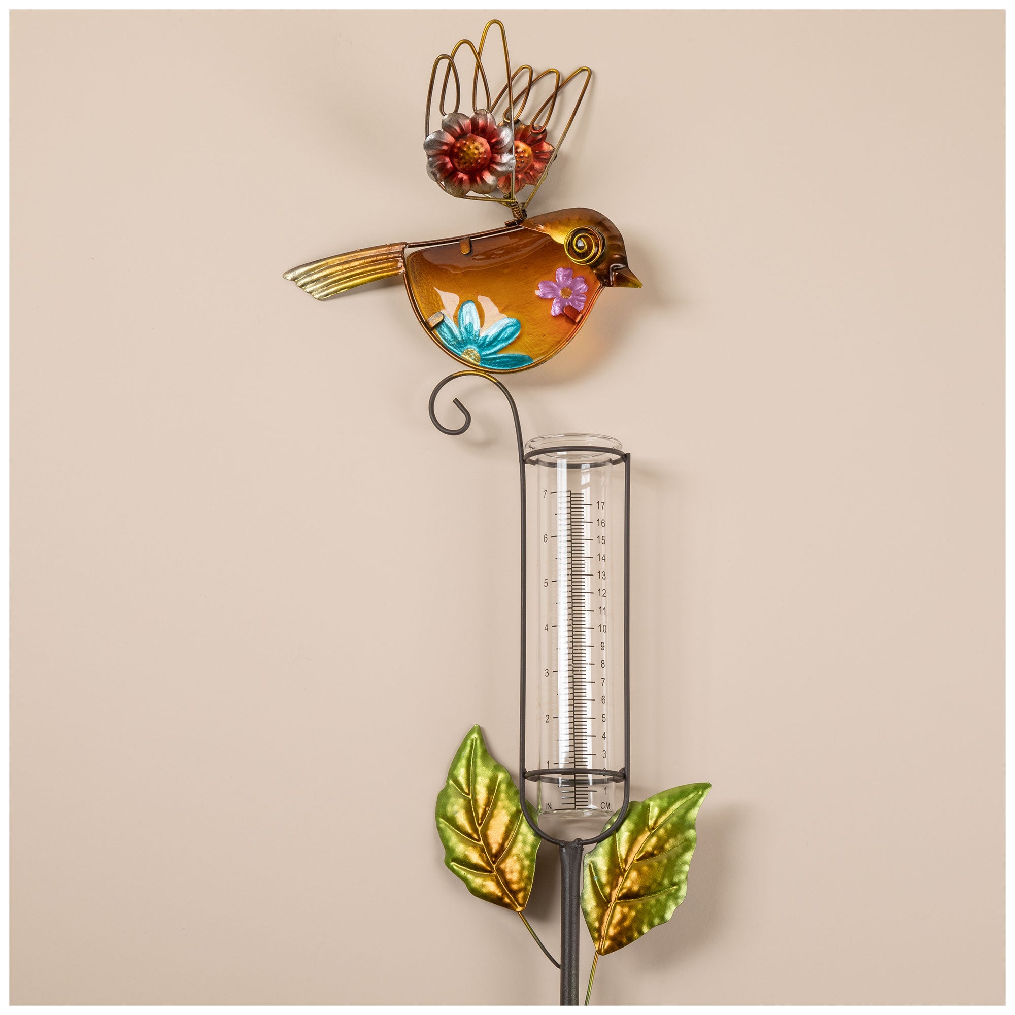 Decorative Bird Rain Gauge Stake - Orange