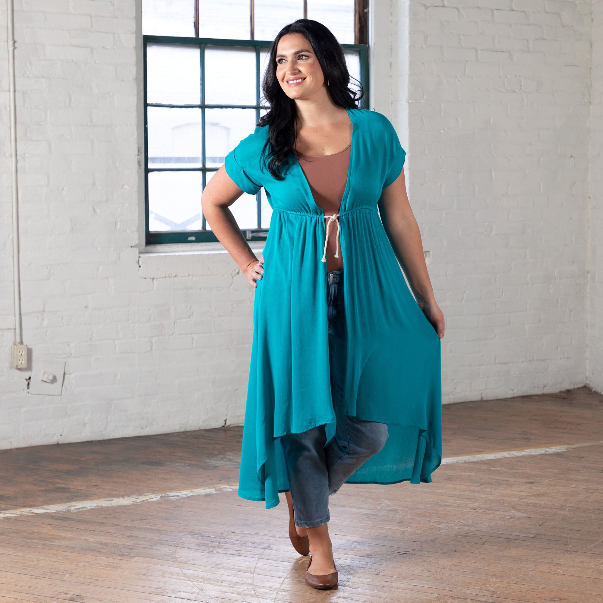 Short Sleeve Sheer Duster Cardigan - Teal - L/XL